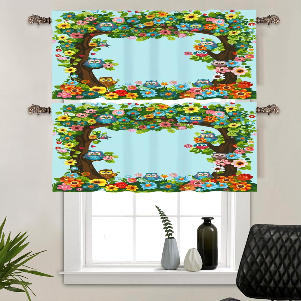 TOWINSFB 2 Pack Cartoon Owl Flower Tree Window Valances, Rod Pocket Cute Boho Floral Bird Window Treatment Short Curtains for Kitchen/Bathroom/Living Room, 54