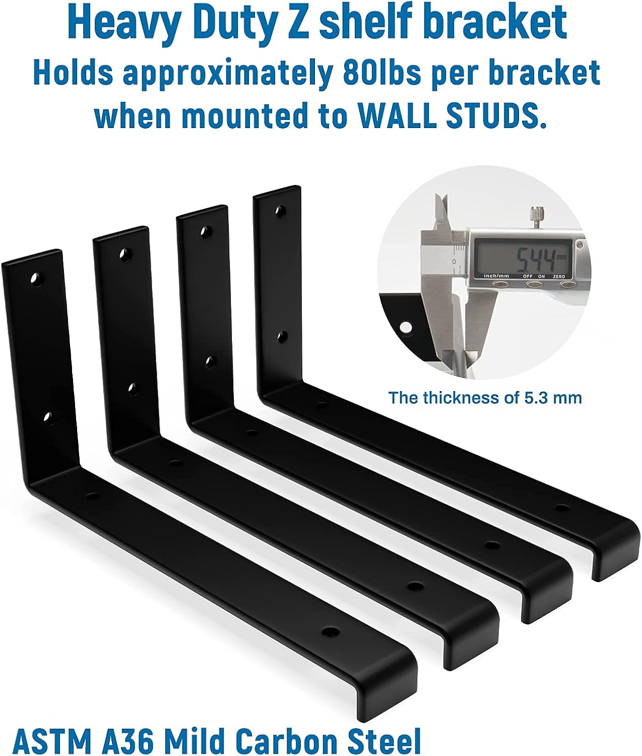 LEOPO 8 inch Shelf Bracket for DIY Floating Shelf, 1/5 inch Thick Heavy Duty Bracket, 4 Pack, Z Shelf Bracket