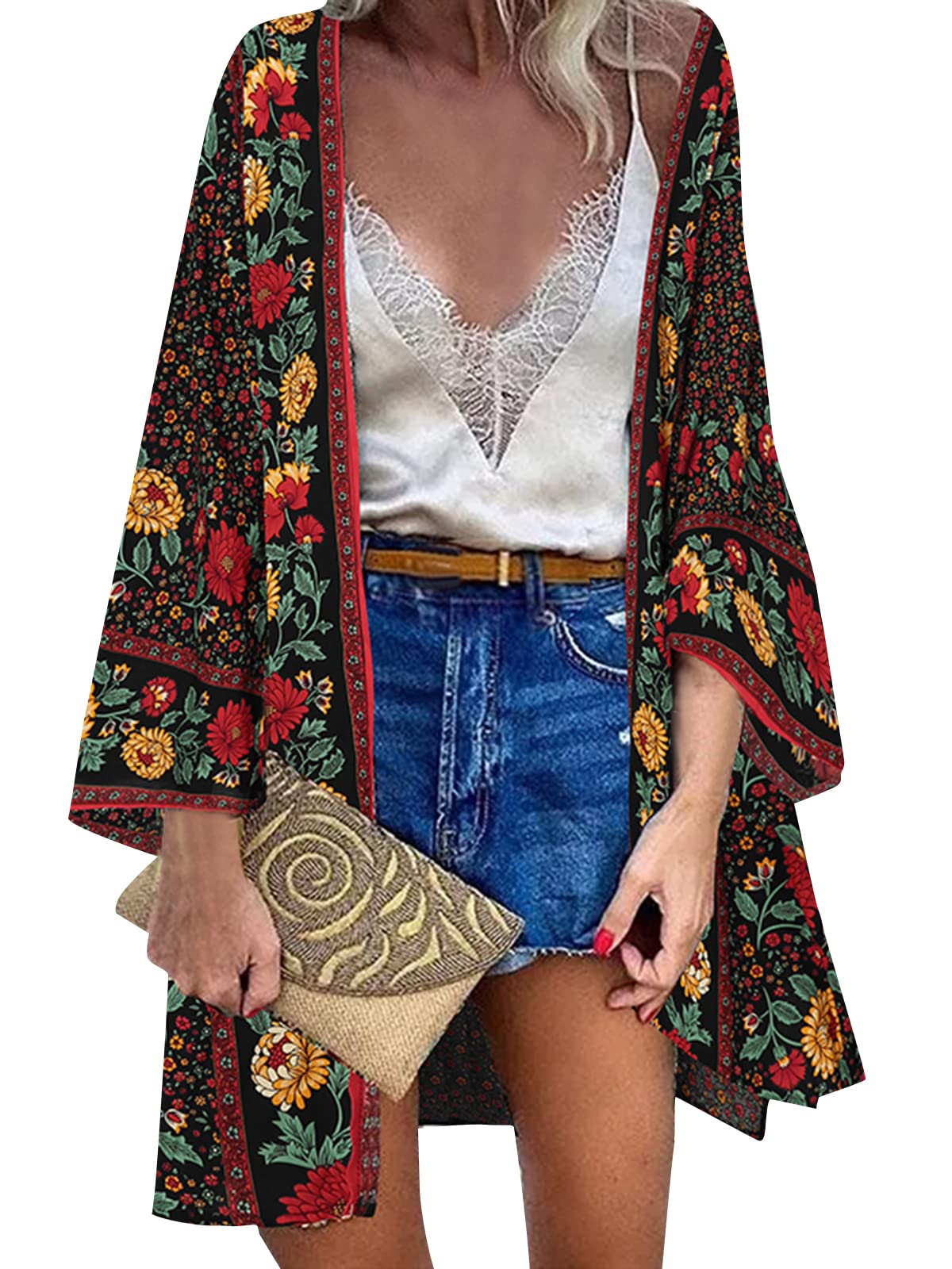 ZANZEA Mujer Gasa Cárdigan Floral Kaftan Playa Kimono Pareos Bohemia Suelto Verano Cover Up Blusa Homewear Tops