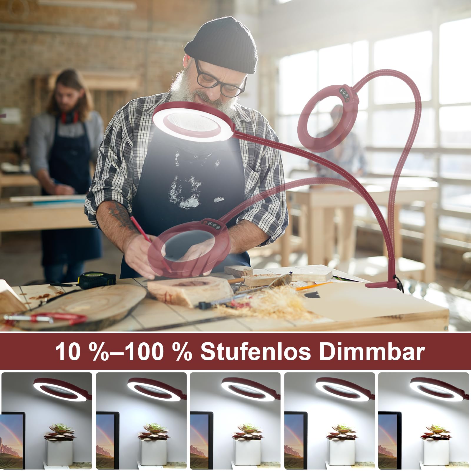 Veemagni 10 lupas de cristal auténticas con luz y soporte, 24 pulgadas, flexible, lupa de cuello de cisne, lámpara de pie, 5 modos de color, regulable sin niveles, 3 en 1, lámpara LED de aumento, lupa