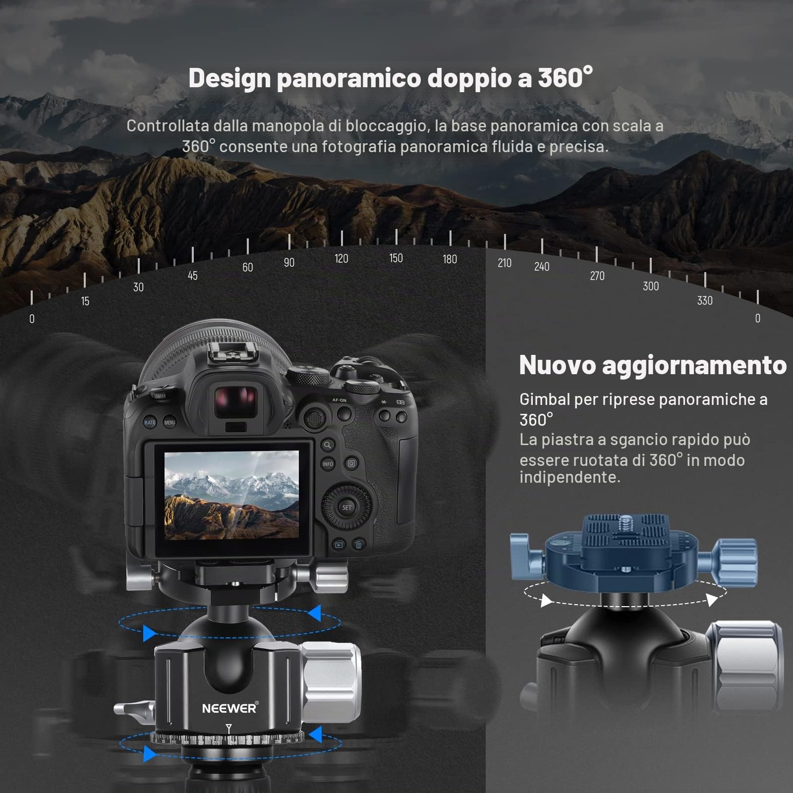 NEEWER Testa a sfera a basso profilo, 44 mm, resistente CNC, in lega di alluminio con doppia vite panoramica a 360° e 1/4", per fotocamera DSLR, videocamera, treppiede, monopiede, massimo carico: 25