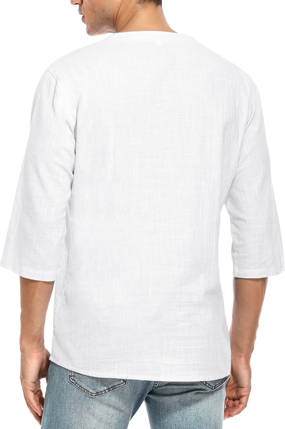 LecGee Men's Casual Cotton Linen Shirt Short Sleeve V Neck Lace Up Hippie Beach Tee Shirts Yoga Summer Top - Image 3