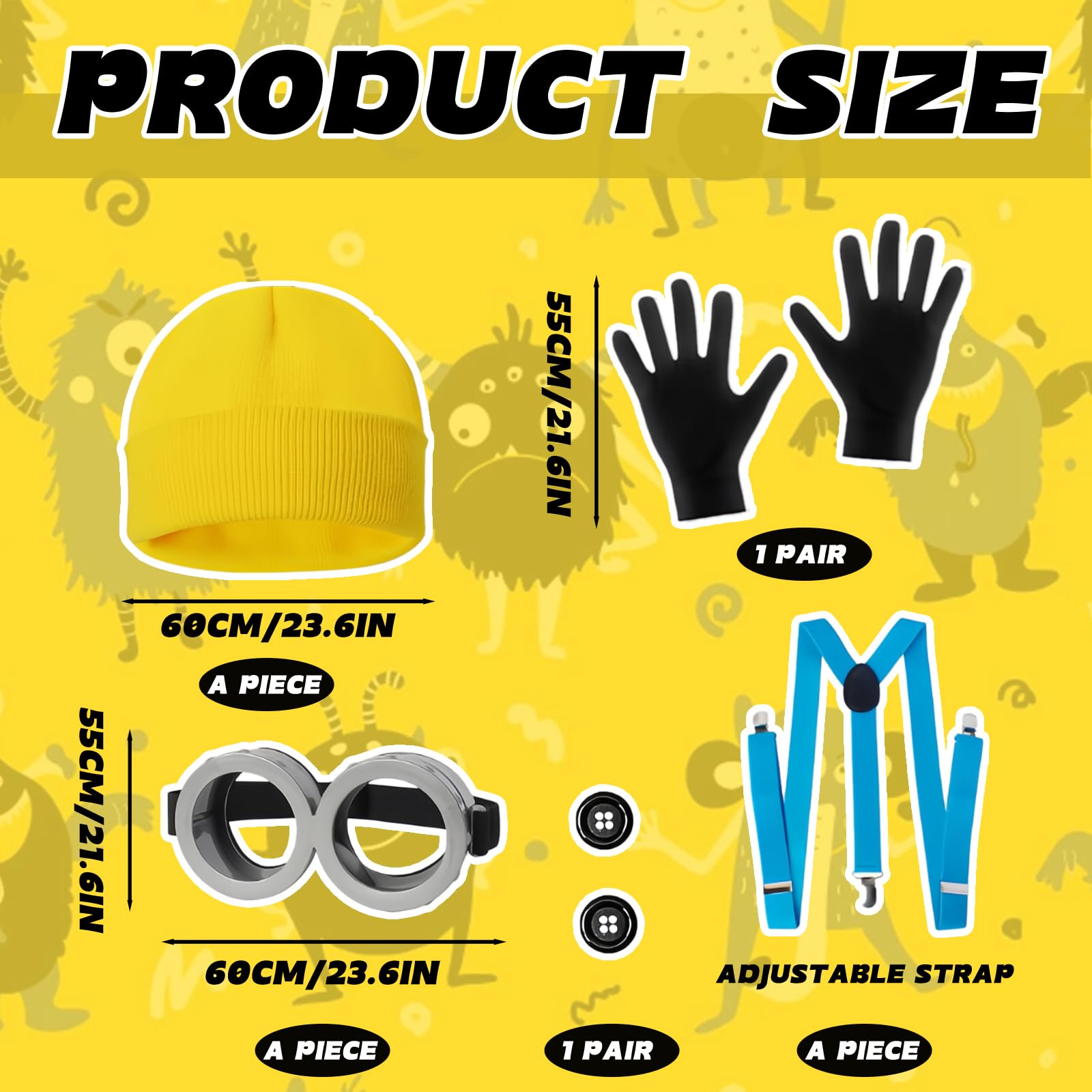 BFSYRR Yellow Costume, Halloween Costume, 6 Pcs Accessories Set, Steampunk Goggles, Yellow Beanie, Black Gloves - Image 2