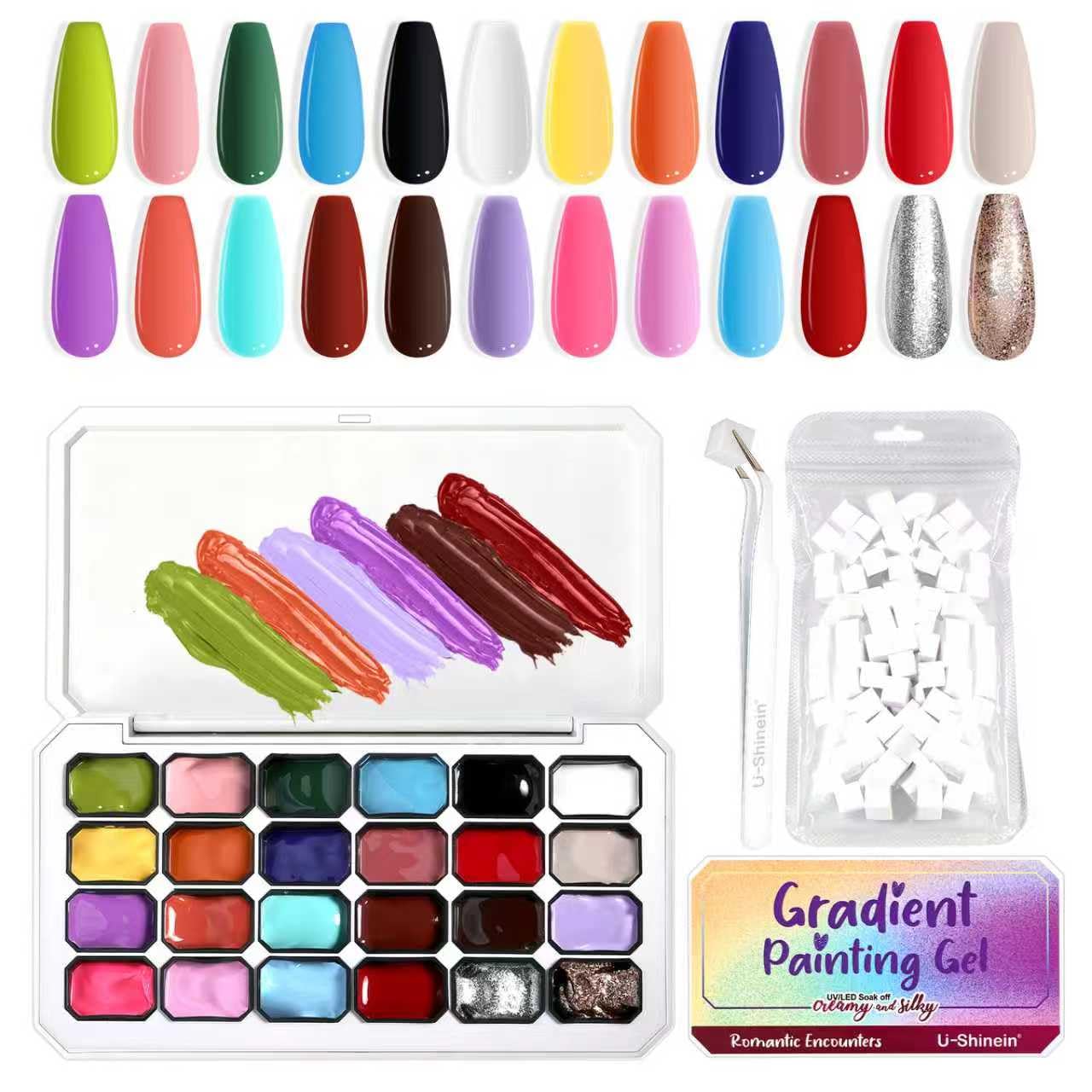 Gradient Painting Gel, 24 couleurs, vernis à ongles gel ombré avec 101 éponges à ongles et tweezer pour French Manucure DIY Nail Art, Set B