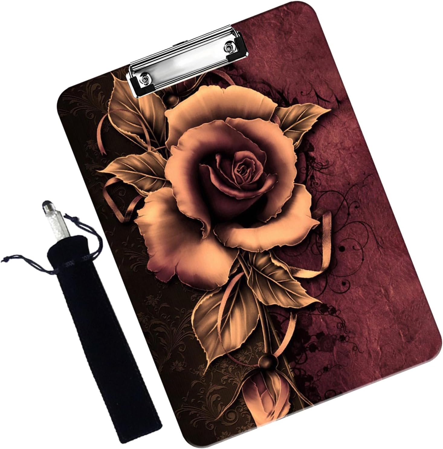 Plastic Clipboard and Pen Bag Combination, A4 Letter Size, Suitable for Students, Teachers, Offices, Home Decoration, Cute Custom Patterns, Red Roses Floral Flower