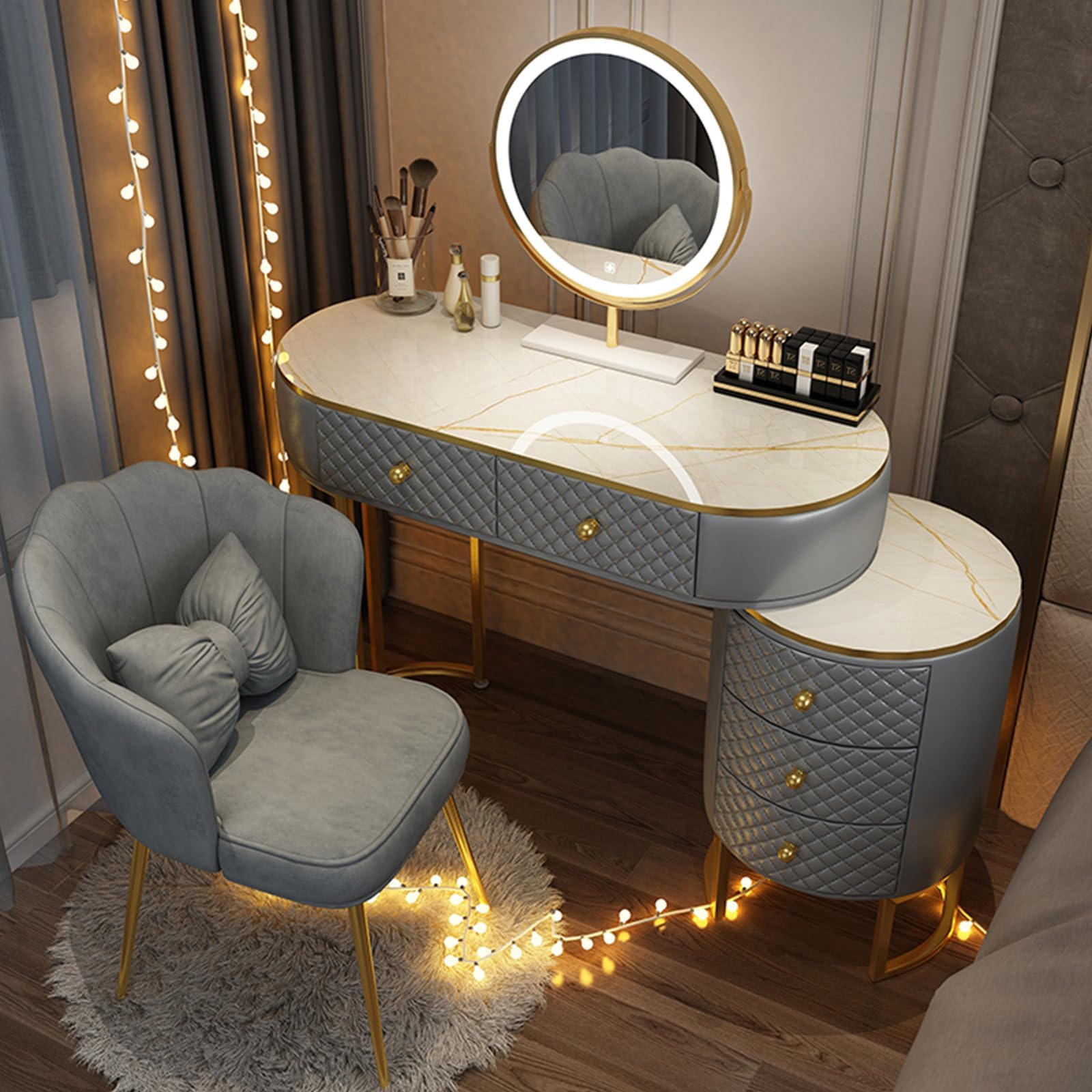 Vanity Set - Makeup Vanity Desk with Smart LED Mirror and Chair, Luxurious Makeup Table with 5 Drawers ＆ Metal Legs, Suitable for Her (Grey, 40'')
