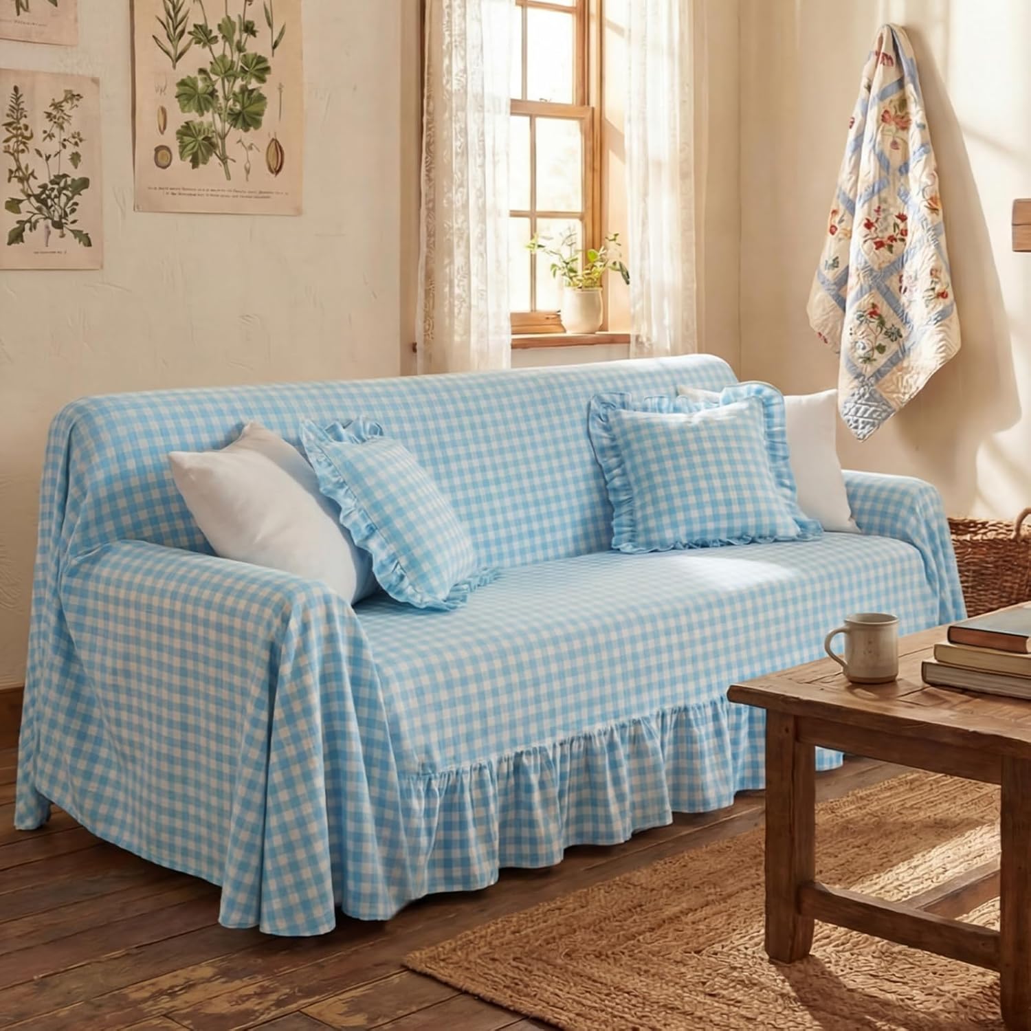 Gingham Couch Covers with Ruffle Cottage Core Couch Cover Washable Sofa Slipcovers for 3 Seat Cotton Durable Slipcover for Furniture Protector, Home Decor(Blue)