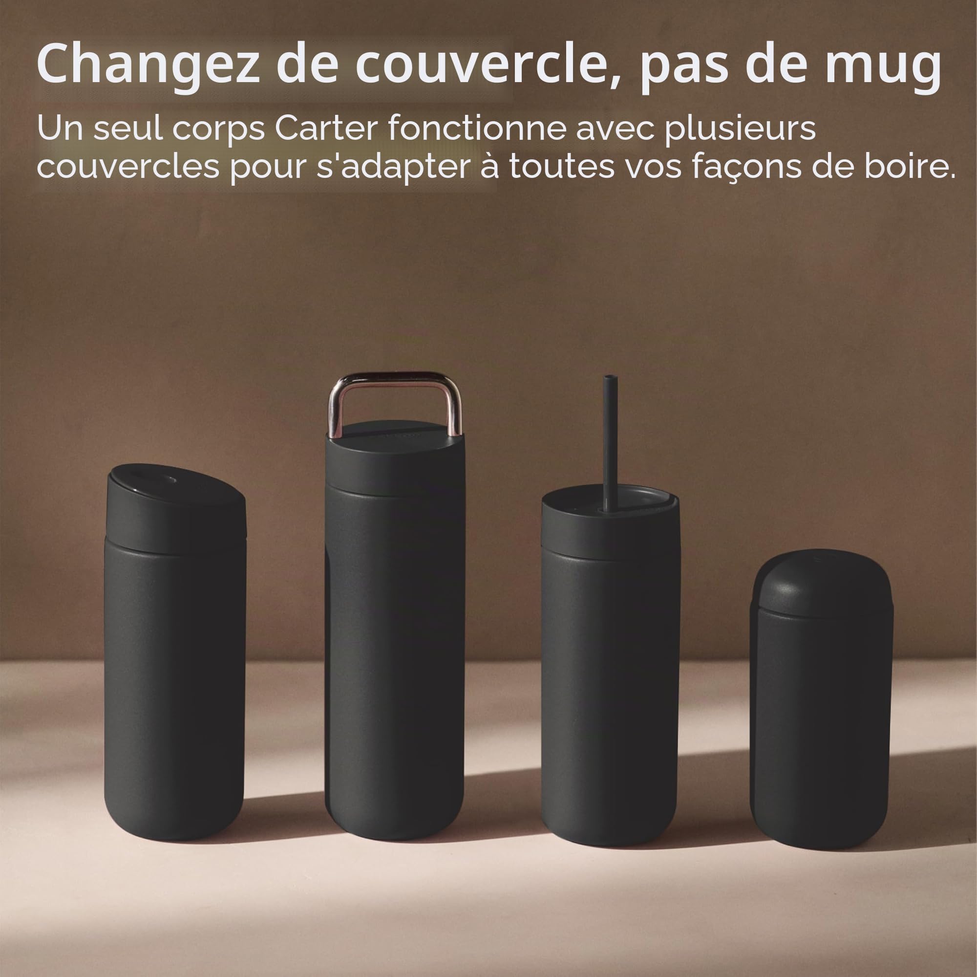 Fellow Carter Move Tasse à café de voyage avec couvercle à verrouillage coulissant - Gobelet à café anti-fuite avec intérieur en céramique et acier inoxydable isolés sous vide - Noir mat - 450 ml