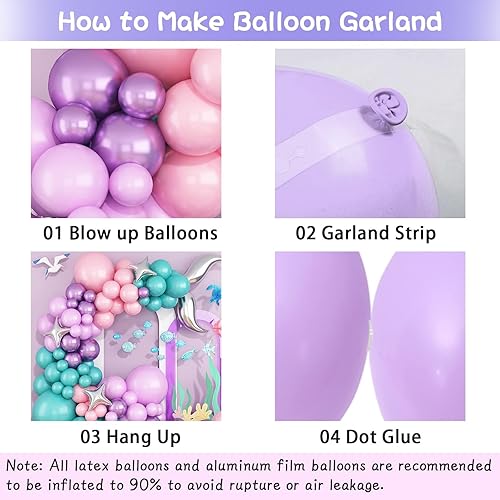 Miniatura 6 de Kit de arco de globos de sirena rosa y morado, suministros de fiesta con arco de cola de sirena y globos de estrella de papel de aluminio para