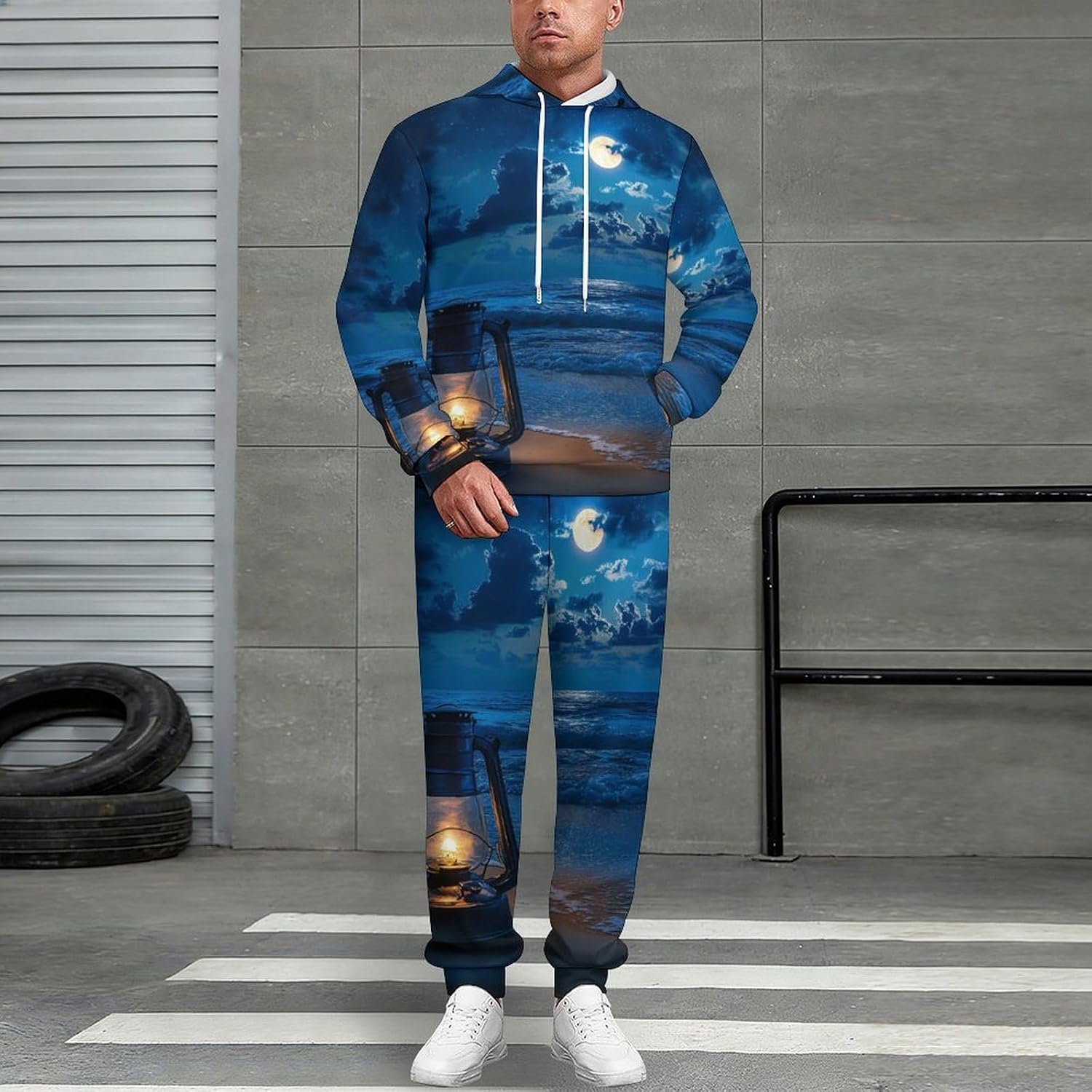 Lamp Moon And Beach Print Adult 2 Piece Tracksuits Hoodie Sweatshirt And Joggers Sweatpants Sweat Suit Outfits