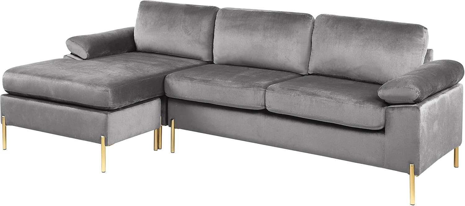 Velvet Upholstered Sectional Sofa with Chaise,L-Shape 3 Seater Couch with Metal Legs and Removable Back Cushion for Living Room,Apartment,Office,Gray