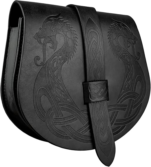 HiiFeuer Viking Langskip Riemtasje met reliëf, Middeleeuwse Faux Leren Flap Zadel Zijtas portemonnees, Retro Draagbare Riemtas (Zwart A