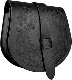 HiiFeuer Viking Embossed Langskip Belt Pouch, Medieval Faux Leather Flap Saddle Side Bag Purses, Retro Portable Belt Bag (