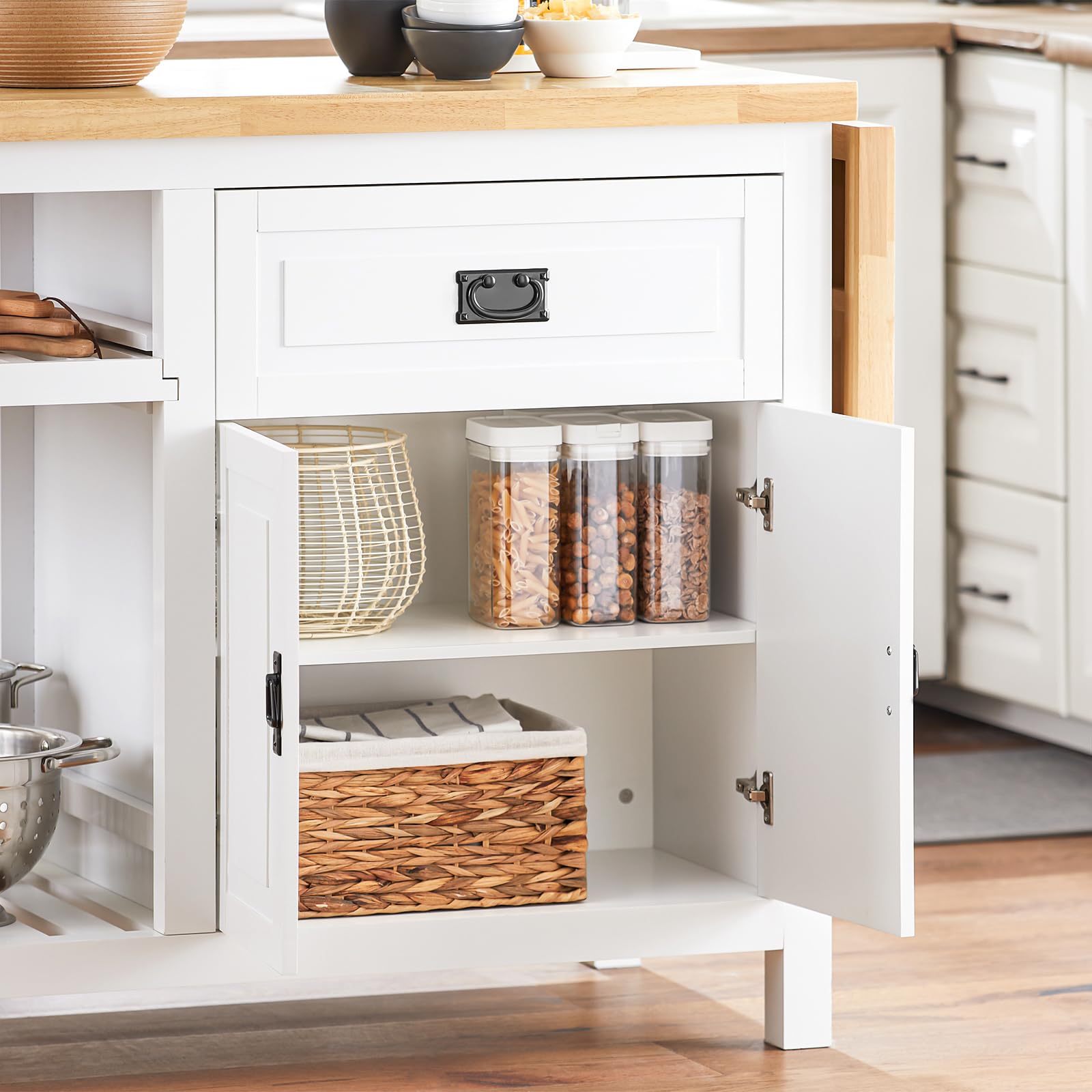 SoBuy KNL06-WN Kücheninsel mit erweiterbarer Arbeitsfläche freistehend Küchenschrank Highborad Kommode Sideboard Bartisch Esstisch Buffet Weiß-Natur BHT ca. 110-145x95x60cm