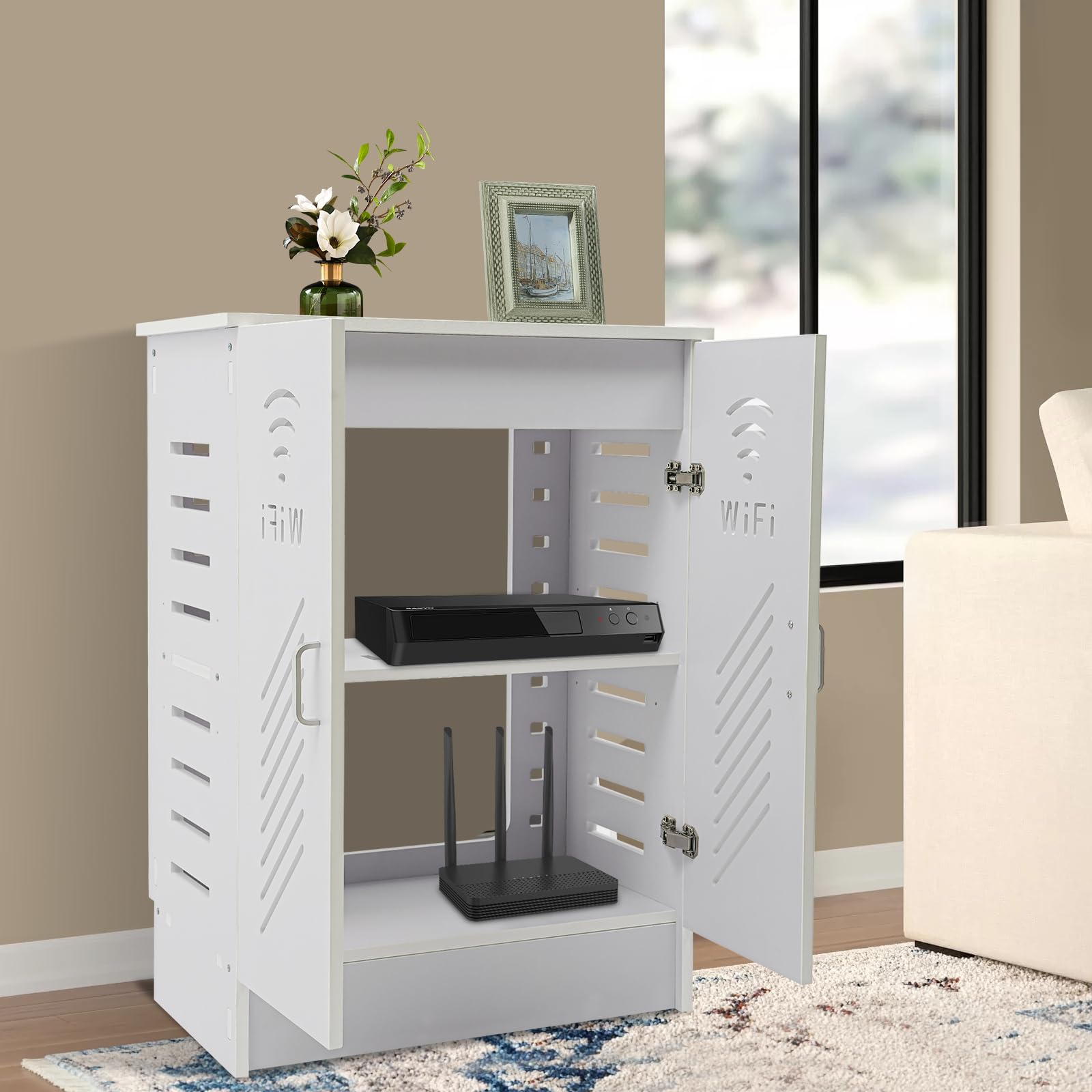 Armoire routeur WiFi Routeur Armoire de rangement debout Boîte de câble | Support mural WiFi Box Cacher Routeur Boîte de rangement avec portes Routeur Couverture Armoire Boîte Cacher Armoire