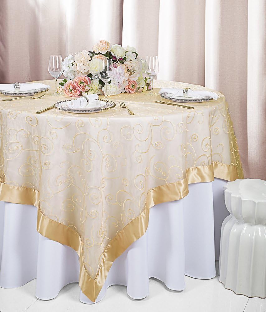 85" Square Embroidered Organza Sheer Table Overlays Toppers Organza Tablecloths Table Covers Linens for Wedding Party Banquet Events - Champagne