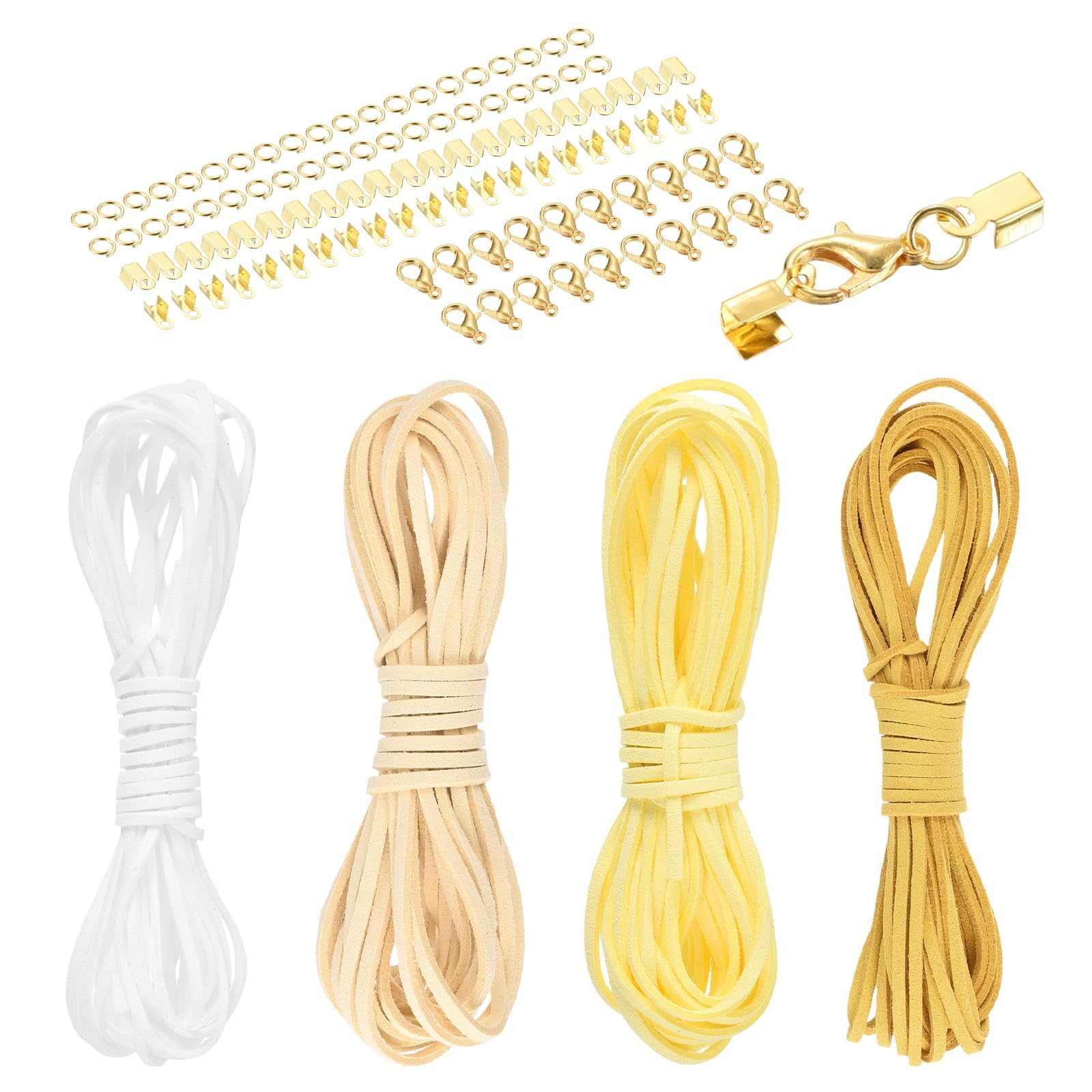 sourcing map 4 Pcs Suede Cord, 5.5 Yards Flat Faux Leather Cord Soft Durable Leather String with Gold Closed-Mouth Ring Rope Clip Lobster Clasps for Art Crafts, White/Yellow Series