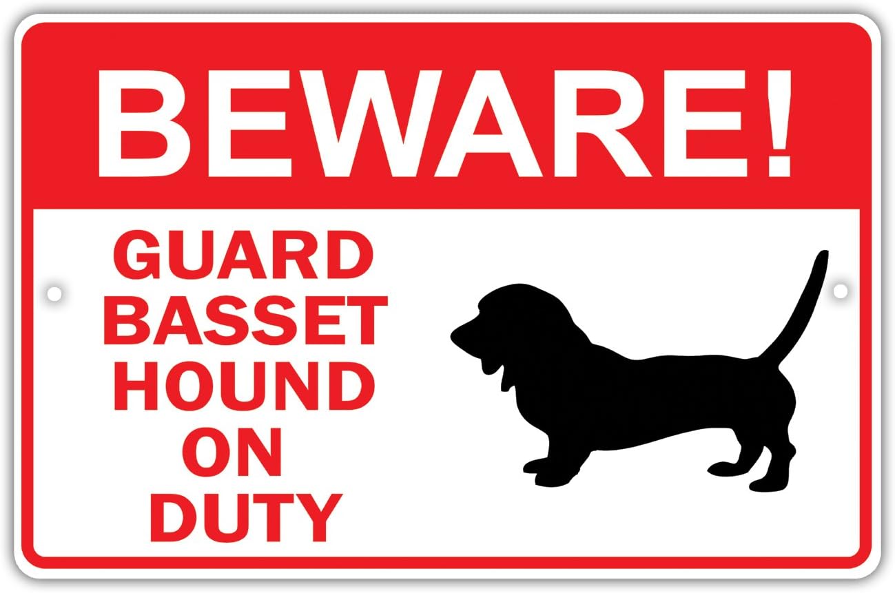 Beware! Guard Basset Hound On Duty Dog Lover Novelty Aluminum Metal 12"x18 Sign