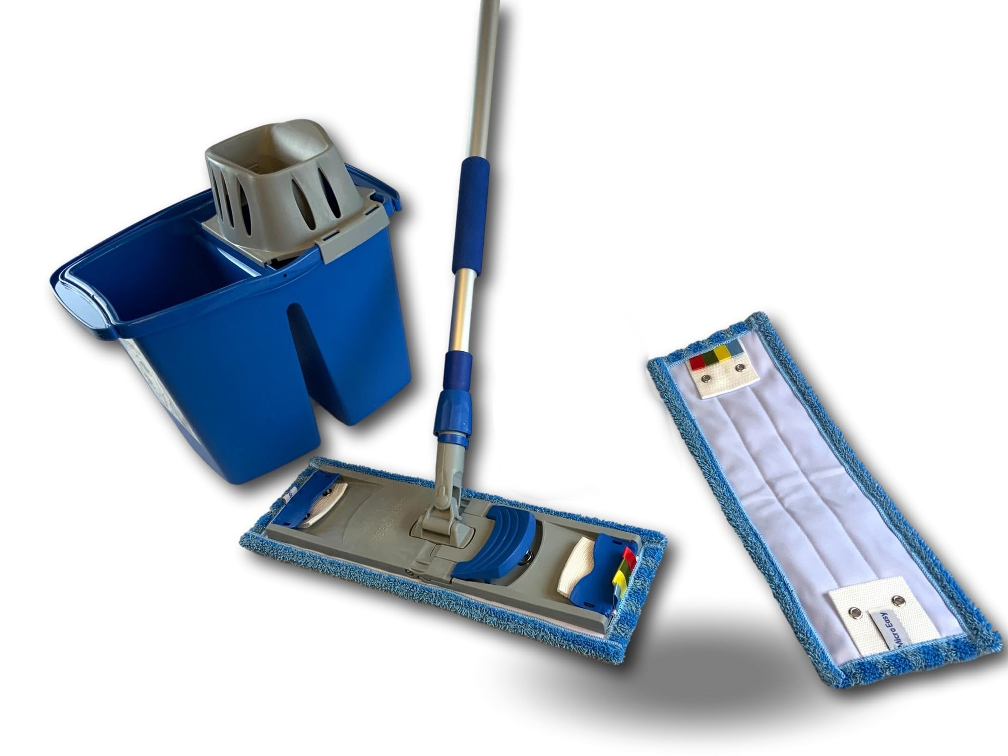 Kit de lava de suelo Easy Press Pro con doble compartimento, limpieza de suelos, 1 franja microeasy, mango telescópico, cubo de plástico