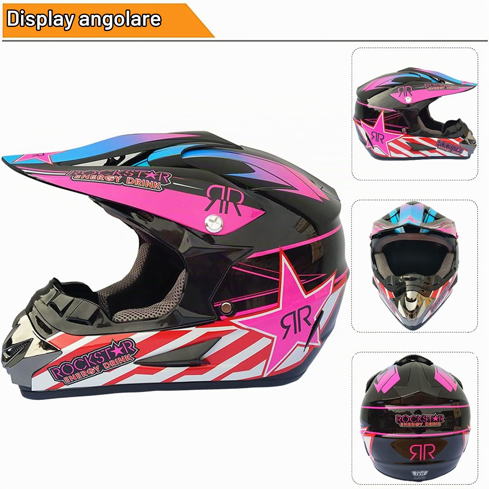 Casco Motocross MX Enduro Downhill ATV Casco Integrale con Occhiali Guanti Face Mask Rete del Casco - Certificato ECE Bambini E Adulti, (52-59CM),Pink-M