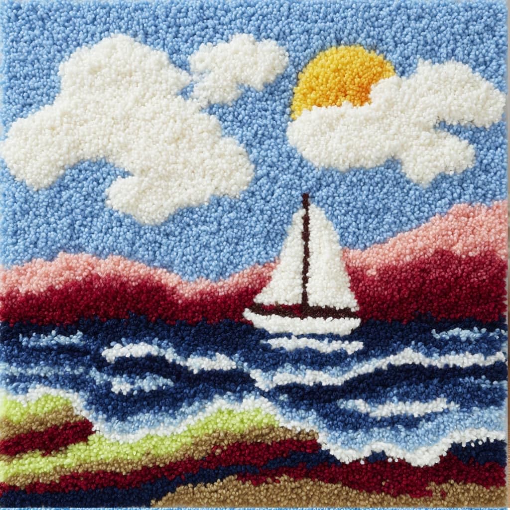 WallustrioaW Latch Hook Pillow Kit -Sailboat Embroidery Art Craft Kit - All Ages - Unisex - 43X43Cm