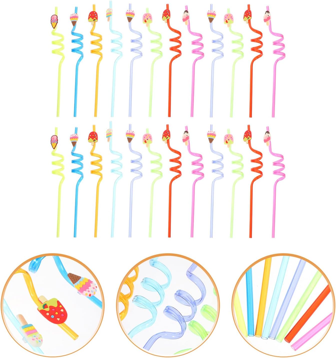 24pcs Reusable Pvc Cartoon Drinking Straws Ice Cream Twist Beverage Straws Party Supplies Fun Cocktail Juice and Adults