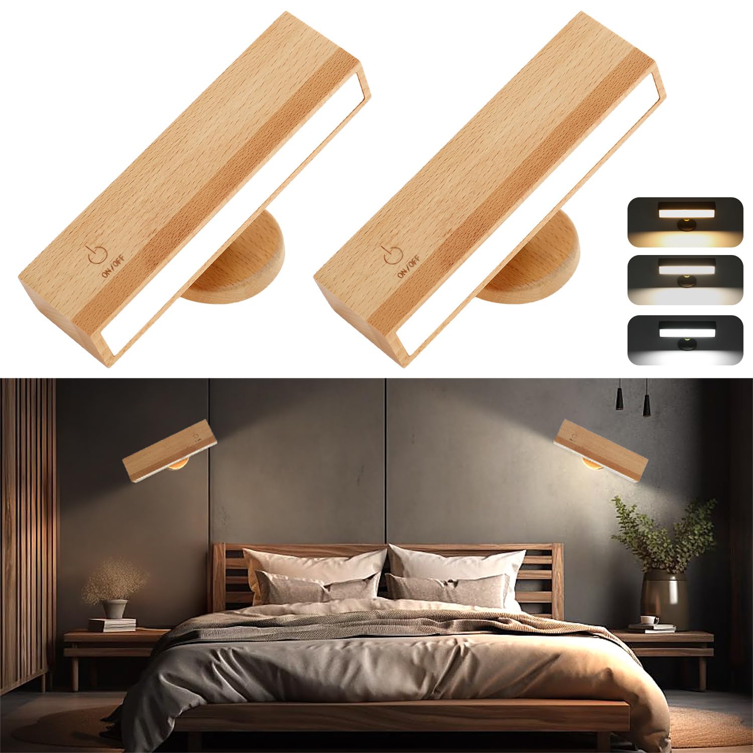 Battery Operated Led Wall Sconces, 2 Pack Wireless Dimmable Wall Lights for Bedroom, 3 Color Temperature 360°Rotatable Rechargeable Magnetic Wood Wall Lamp for Living Room Bedside (Beech Wood)
