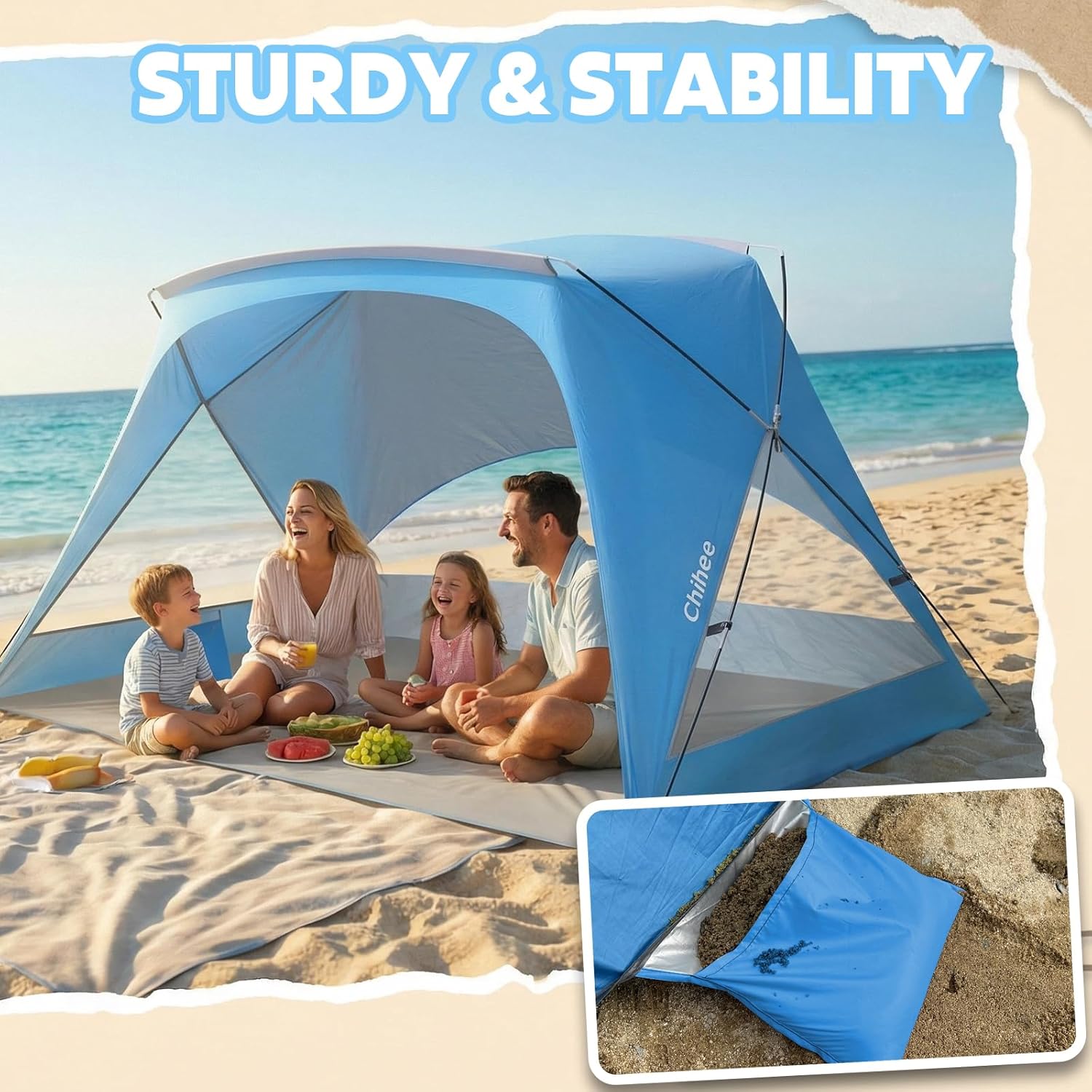 Chihee Beach Tent 1-2 Person Portable Camping Sun Shelter with UV Protection Silver Coated Canopy, Lightweight Beach Shade with Extra & Built-in Sandbags Mesh Windows Flat-top for Beach Camping Picnic