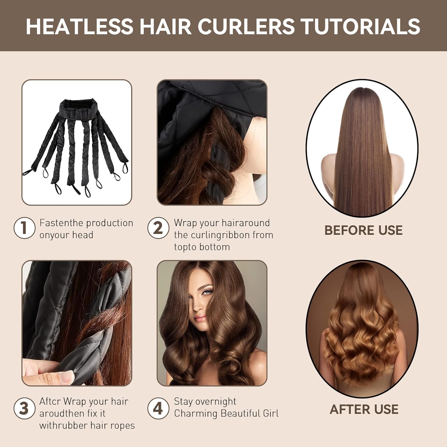 Heatless Hair Curler for Long Hair, Flexi Rod Headband with Adjustable Straps, Soft Satin Material, No Heat Hair Curls, Over Night Use, for Women and Girls Soft Satin No Heat Curlers for Long Hair, Lazy Hair Curler, Heatless Curls for Women Curls Wave (Black) - Image 3 thumbnail