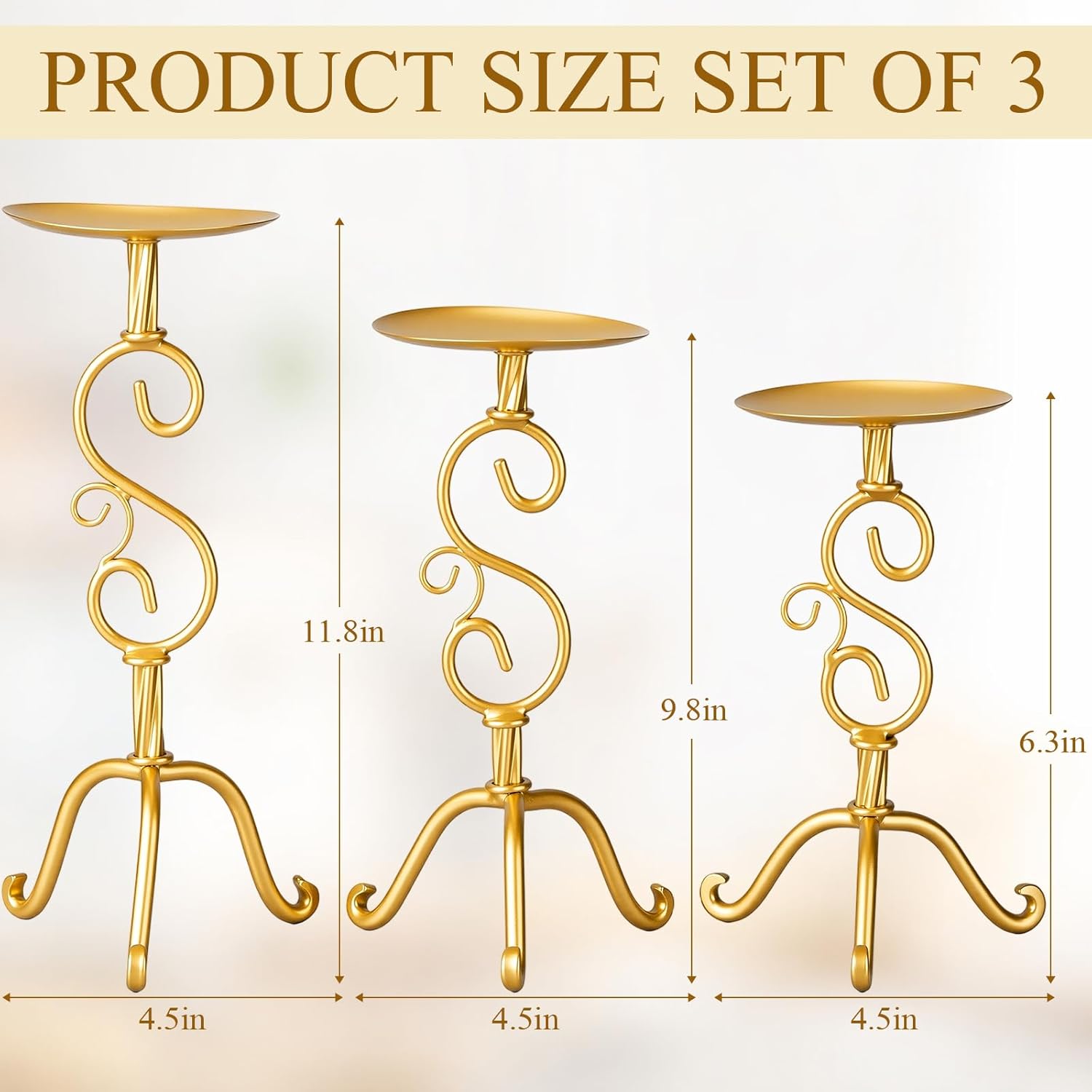 Set of 3 Iron Gold Candlestick Holder Metal Vintage Candle Holder 11.8, 9.8, 6.3 Inch Tall Decorative Wrought Iron Pillar Candle Sconce Home Decor Wedding Dinning Party Anniversary(Classic)