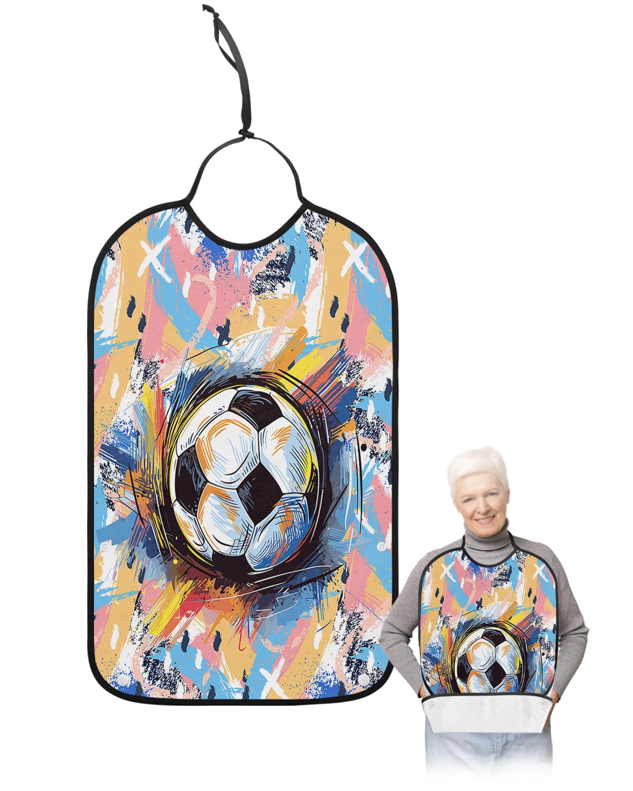 LEOKOTI Soccer Adult Bibs for Eating, Waterproof Bibs with Food Catcher & Adjustable Snap Closure, Yellow Blue Pink Watercolor Abstract Art Sports Washable Clothing Protectors Adult Bibs for Elderly