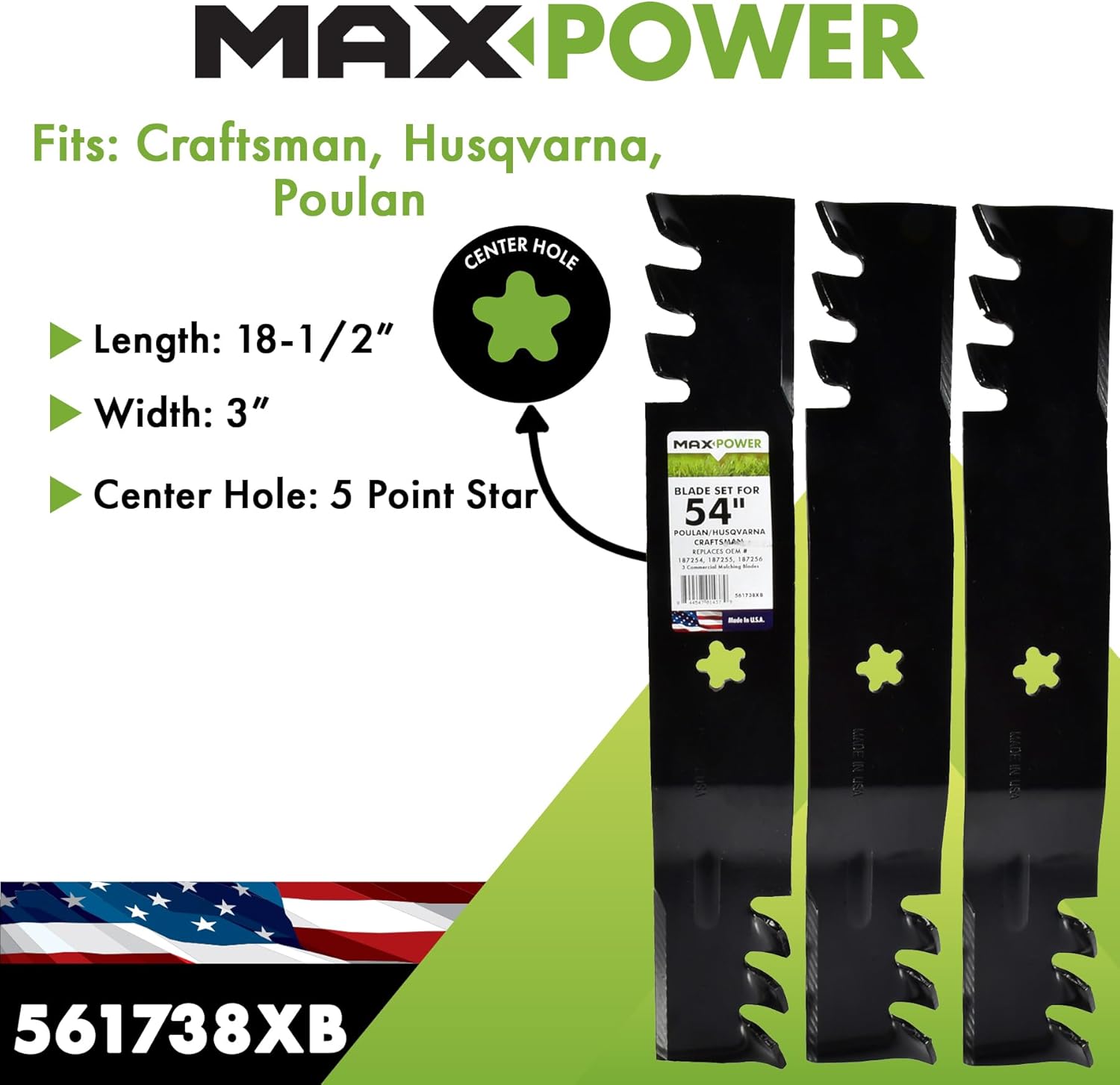 MaxPower 561738XB 3 Blade Commercial Mulching Set for 54" Cut Craftsman, Husqvarna, Poulan 187254, 187255, 187256, 532187255, 532187256