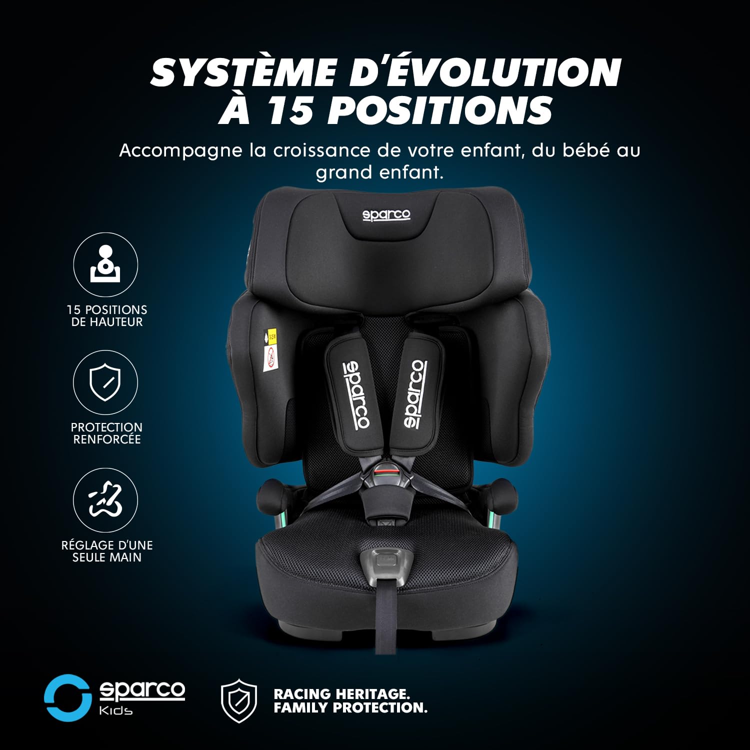 Siège auto Sparco i-Size SK8000IBK pour enfants de 76 à 150 cm, homologué ECE R129/04, avec ISOFIX et Top Tether, appuie-tête réglable, dossier rabattable et harnais à 5 points, couleur noire