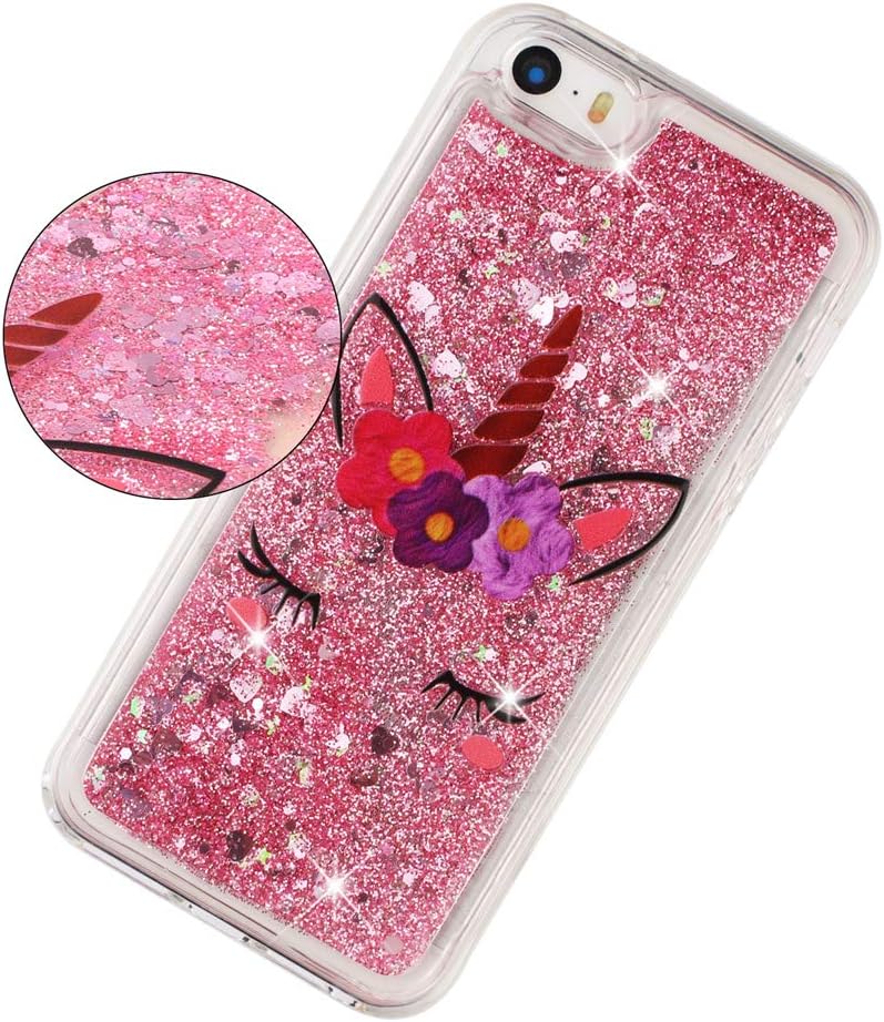 HMTECHUS iPhone 5S Case for Girl Glitter Liquid Sparkle Floating Shiny Quicksand Clear Soft TPU Silicone Shockproof Protective Bumper Thin Cover for iPhone 5 / 5S Bling Eyelash Unicorn XY
