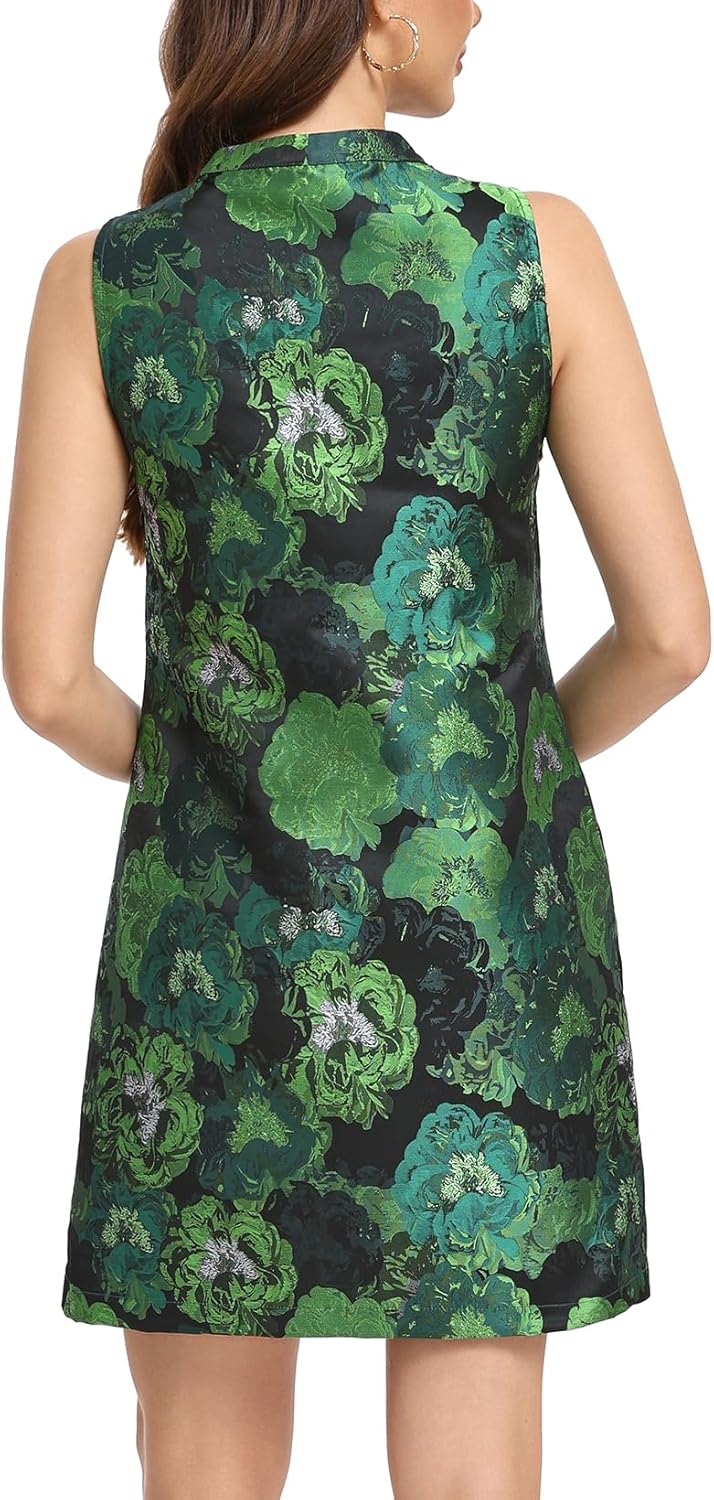 Ladyful Sleeveless Dress for Women Floral Jacquard Shift Dress Elegant Button Up Crewneck Tank Summer Mini Dresses - Image 3