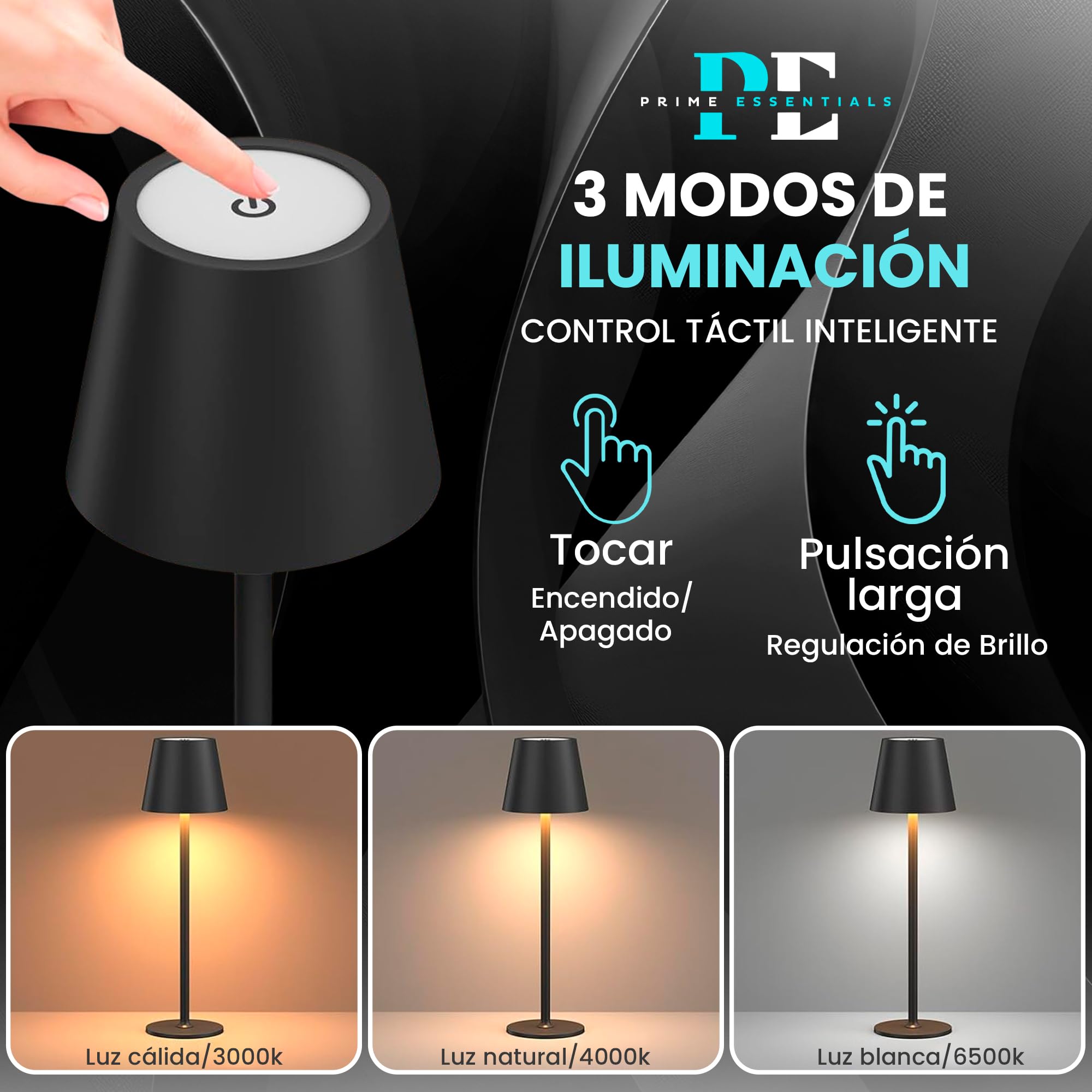 PACK AHORRO 2 Lámparas LED de Mesita de Noche Color Negro para Dormitorio sin Cables I Lámpara Táctil de Mesa de Lectura Recargable I 3 Modos de Luz con Brillo y Altura Ajustable.