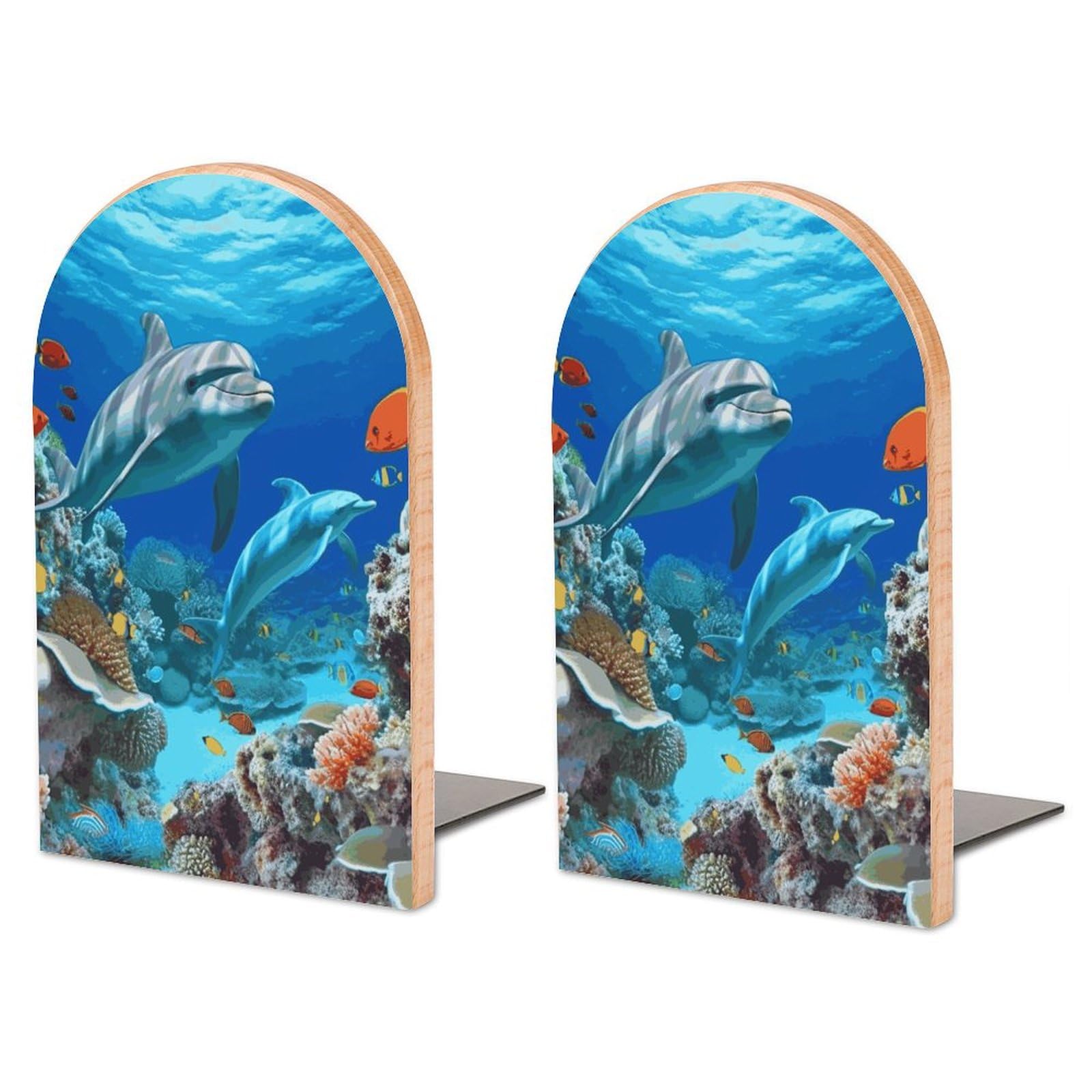 Serre-livres grands fonds marins en bois de hêtre et métal 17cm