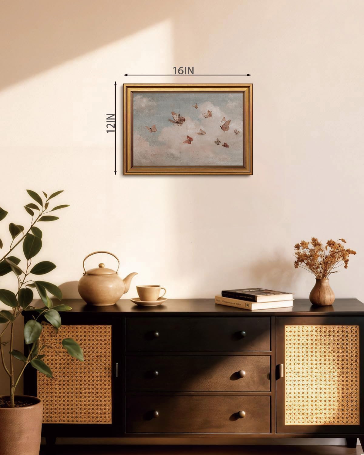 Gold Framed Wall Art Vintage Whimsical Butterfly Canvas Wall Art Retro Cottagecore Artwork Nature Landscape Prints Rustic Nursery Picture for Living Room Farmhouse Office Decor, 12x16