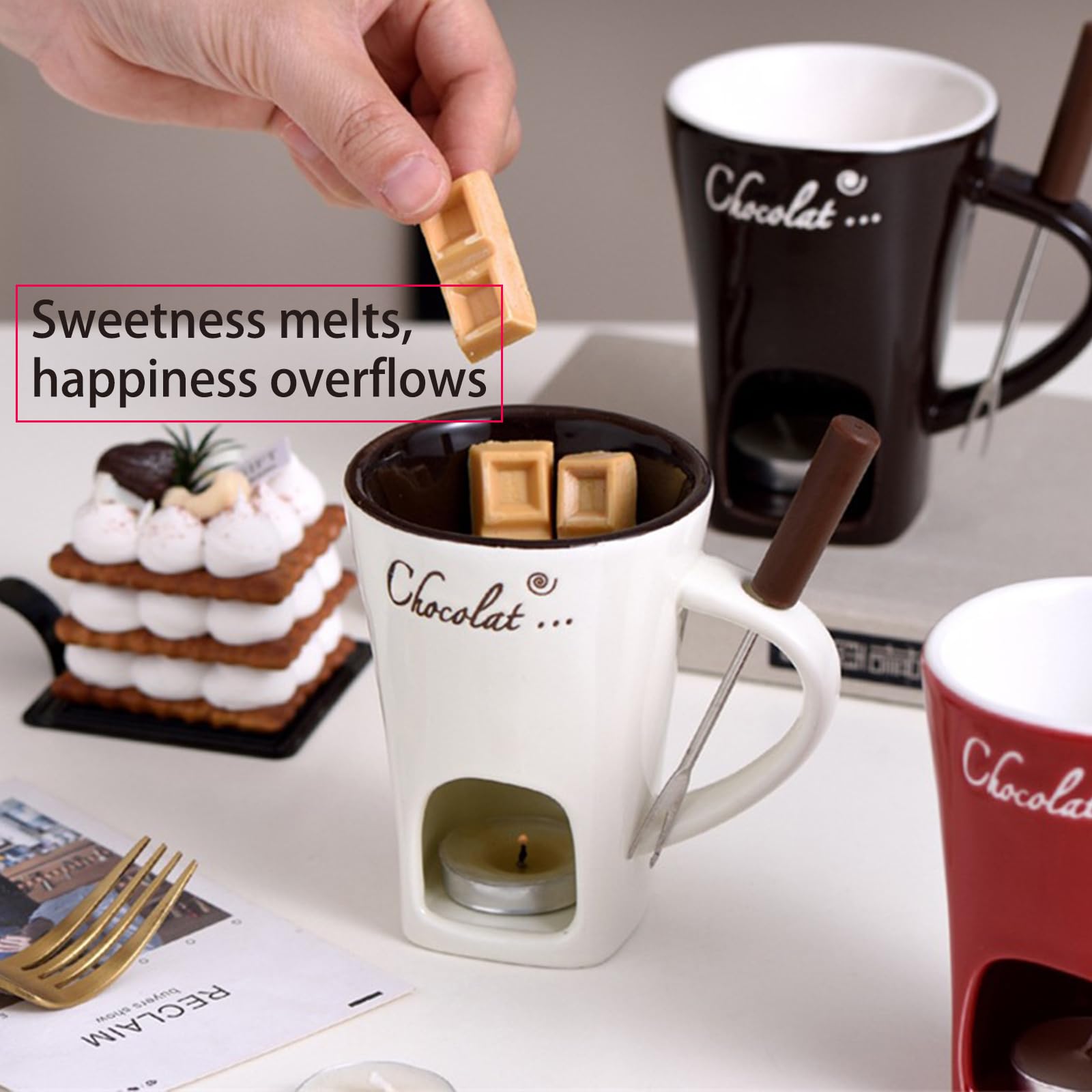 PJ.joy Multi functional ceramic chocolate hot pot cup set,fondue cup, portable and easy to use, suitable for candle heating, creative dessert tools, with fork Selection (brown)