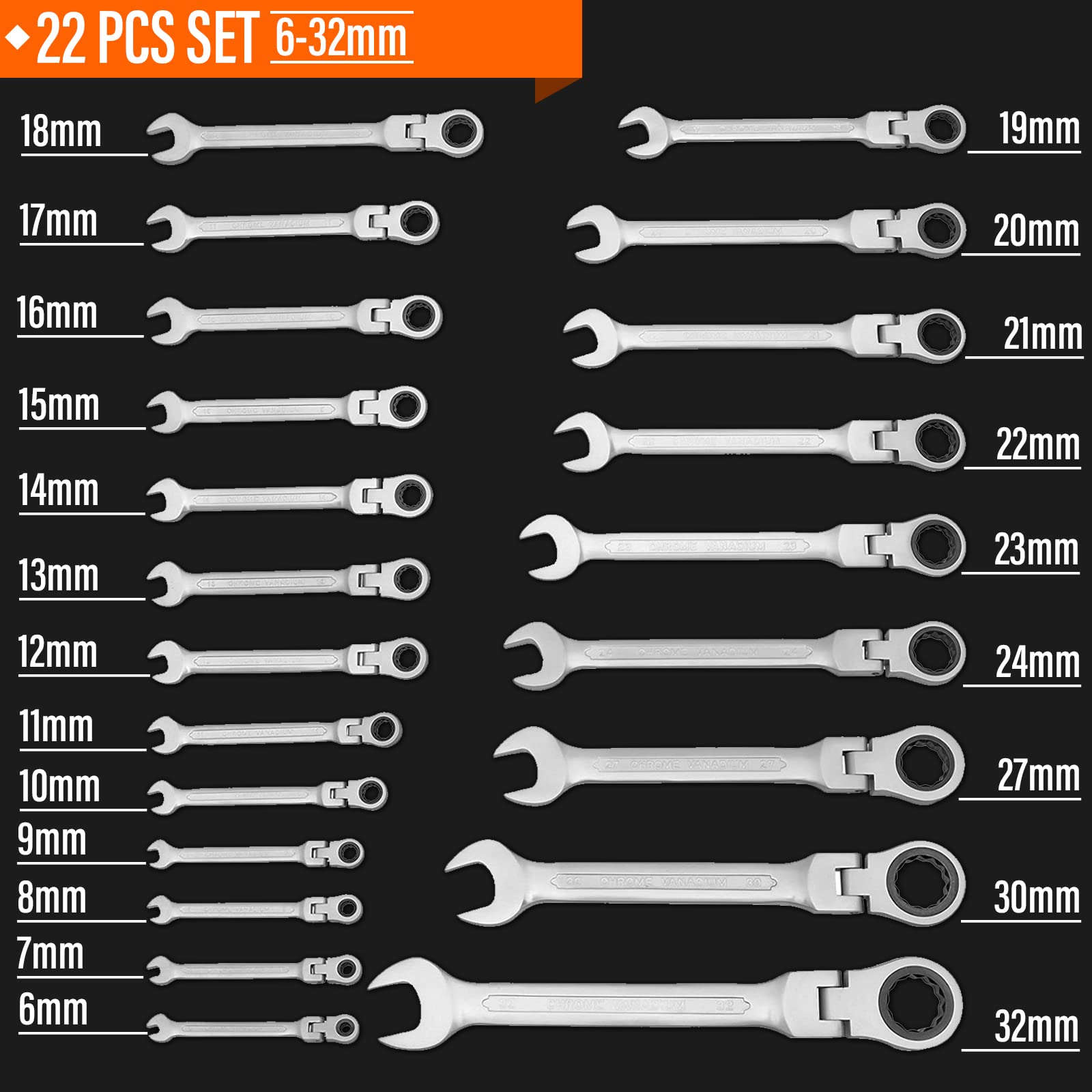 Juego De Llaves De Carraca Flexible 22 Piezas - Tamaños 6 A 32 Mm, Acero Vanadio, Funda De Transporte