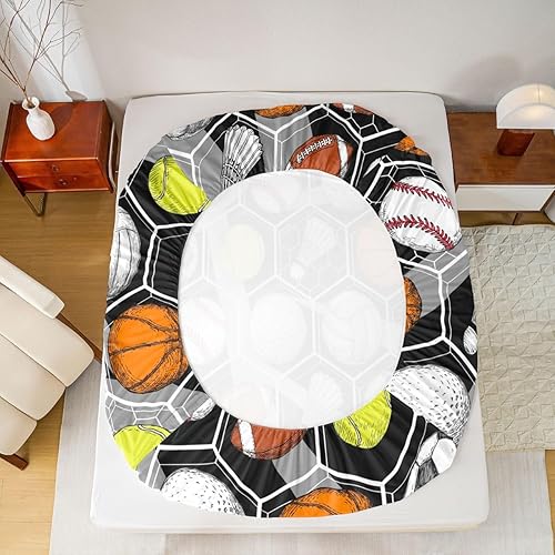 Miniatura 5 de Juego de ropa de cama para juegos de pelota, básquetbol, fútbol, sábana bajera hexagonal, geométrica, deportiva, sábana plana, béisbol, tenis,