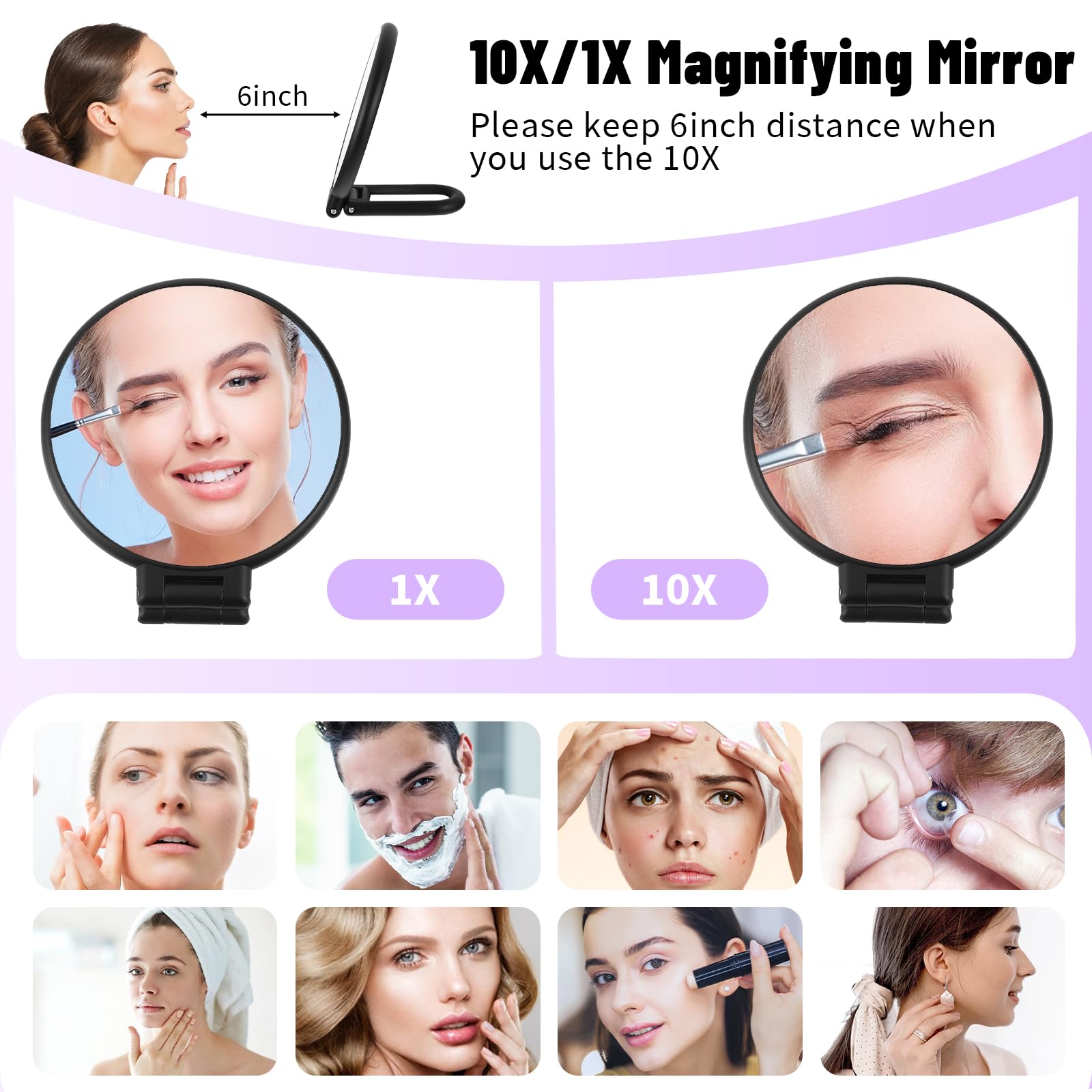 Hand Mirror with Handle 10X/1X, Travel Magnifying Hand Mirror, Magnifying Mirror 10X, Magnifying Mirror 10x with Handle, Double Sided Travel Magnifying Mirror, Foldable Makeup Mirror for Handheld - Image 2