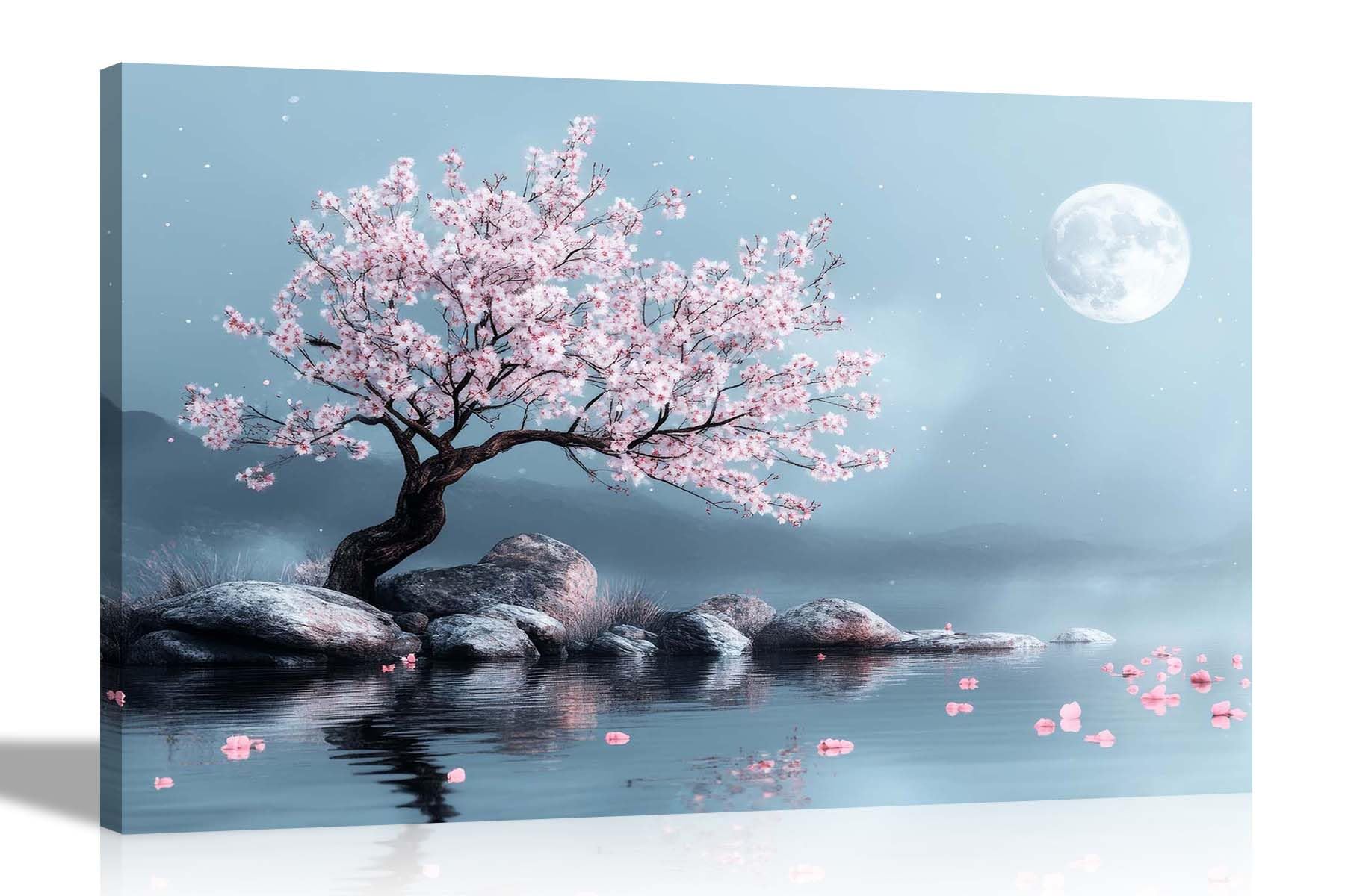 Artley Prints - Pink Tree Lake Fullmoon Stars Canvas Prints For Living Room Bedroom Landscape Wall Art Home Decor 76 x 50cm (30 x 20 inches)