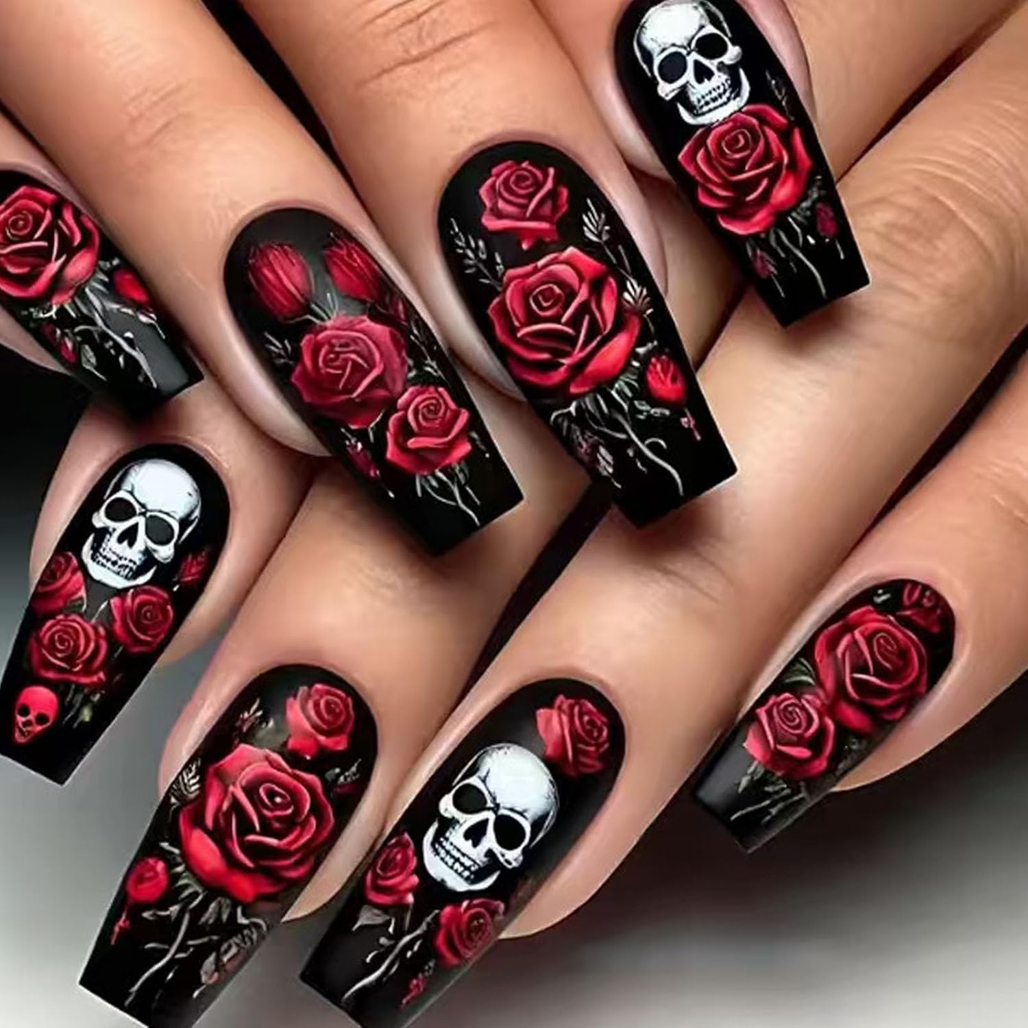 Halloween Press on Nails Medium Coffin Fake Nails with Skull Red Flower Designs Halloween Nails Press ons Black White Glue on Nails Matte Acrylic Nails Natural Stick on Nails for Women 24Pcs