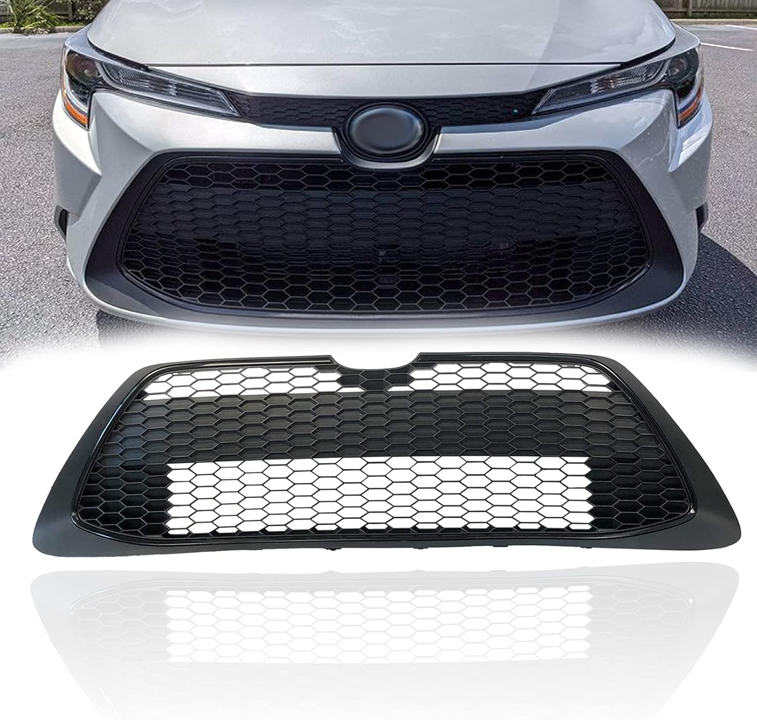 Front Lower Grille Black Honeycomb Shape Grill With Gloss Black Trim ABS Direct Bolt-on Replacement Compatible with Toyota Corolla 2020 2021 LE/XLE Sedan 5310202280, TO1036205