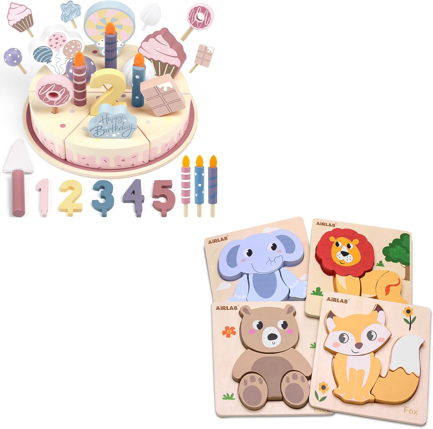 Wooden Birthday Party Cake Play Food Sets and Wooden Puzzles for 1-3 Year Old Toddlers, Forest Animals