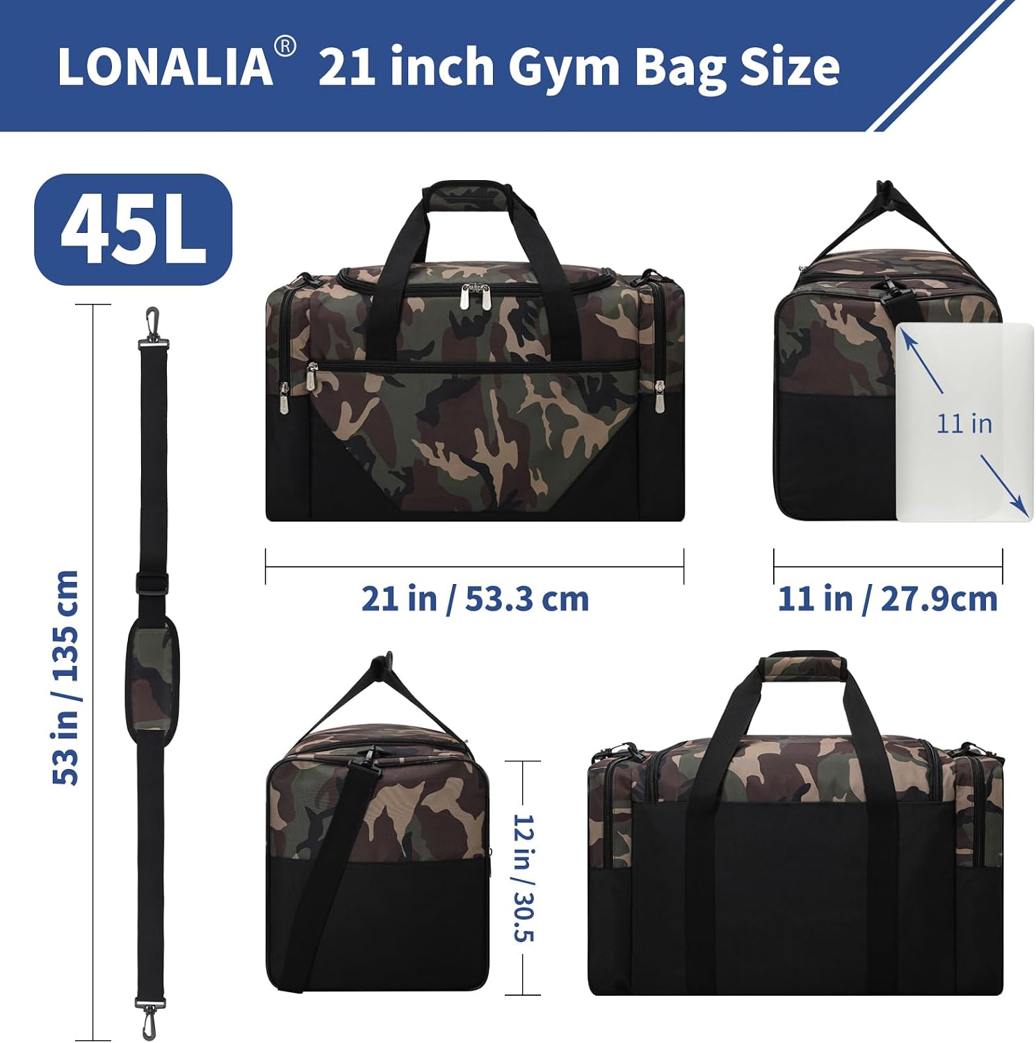 Mens Gym Bag 45L, Sport Duffle Bag, Camo image 4