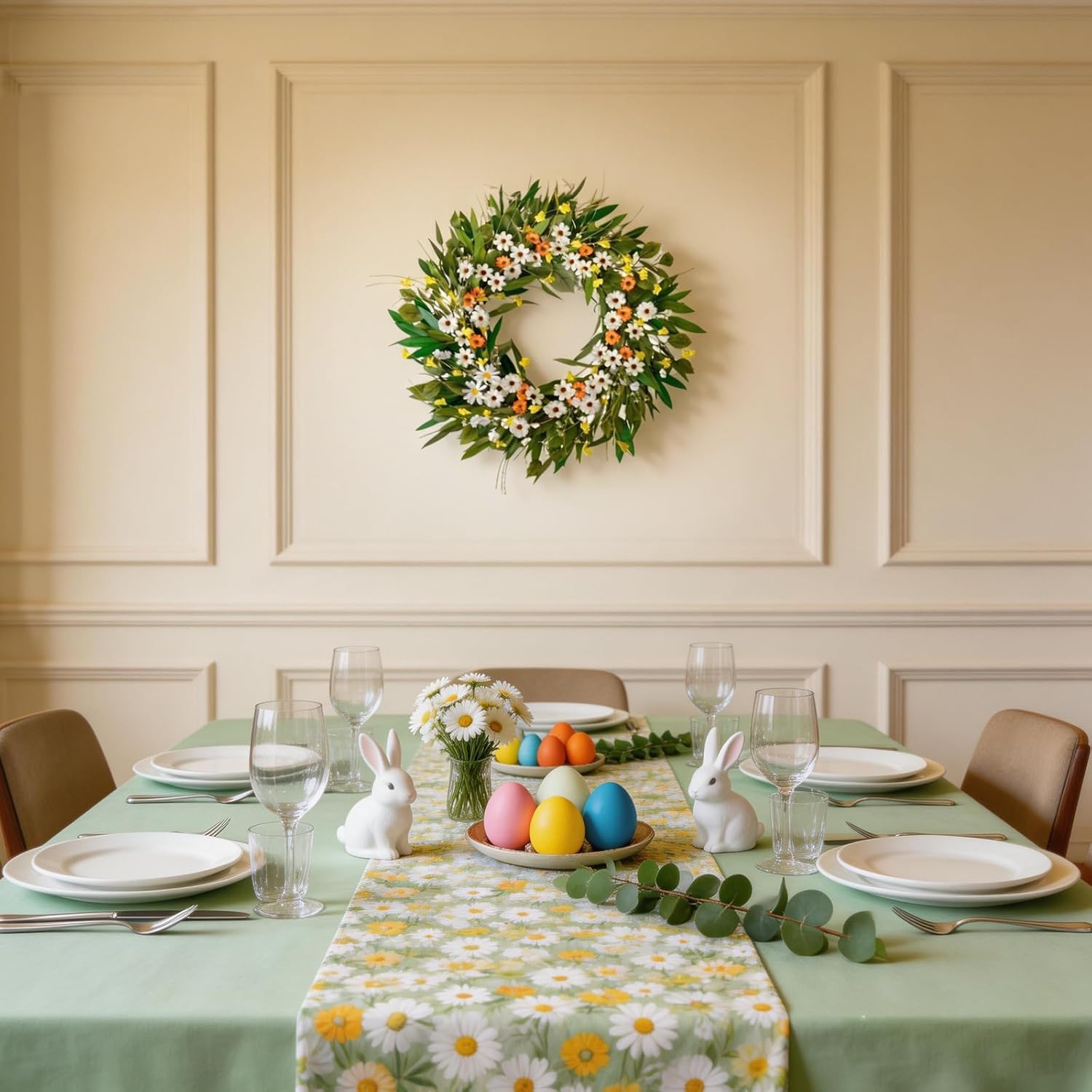 26 Inch Spring Greenery Wreath for Front Door, White Daisy & Yellow Forsythia Floral Wreath with Eucalyptus and Olive Leaves, Everyday All Seasons Indoor Outdoor Decor