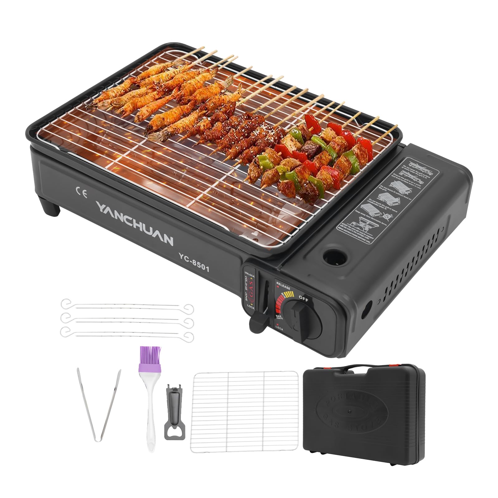 Set da barbecue da campeggio, per cartucce e bombole a gas, fornello da campeggio con 2 griglie per alimenti, spazzola per olio, valigetta (con griglia e valigia)