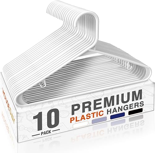 Miniatura 12 de HOUSE DAY Paquete de 100 perchas de plástico blanco, perchas de plástico con ganchos integrados, perchas duraderas y fuertes para armario, perchas